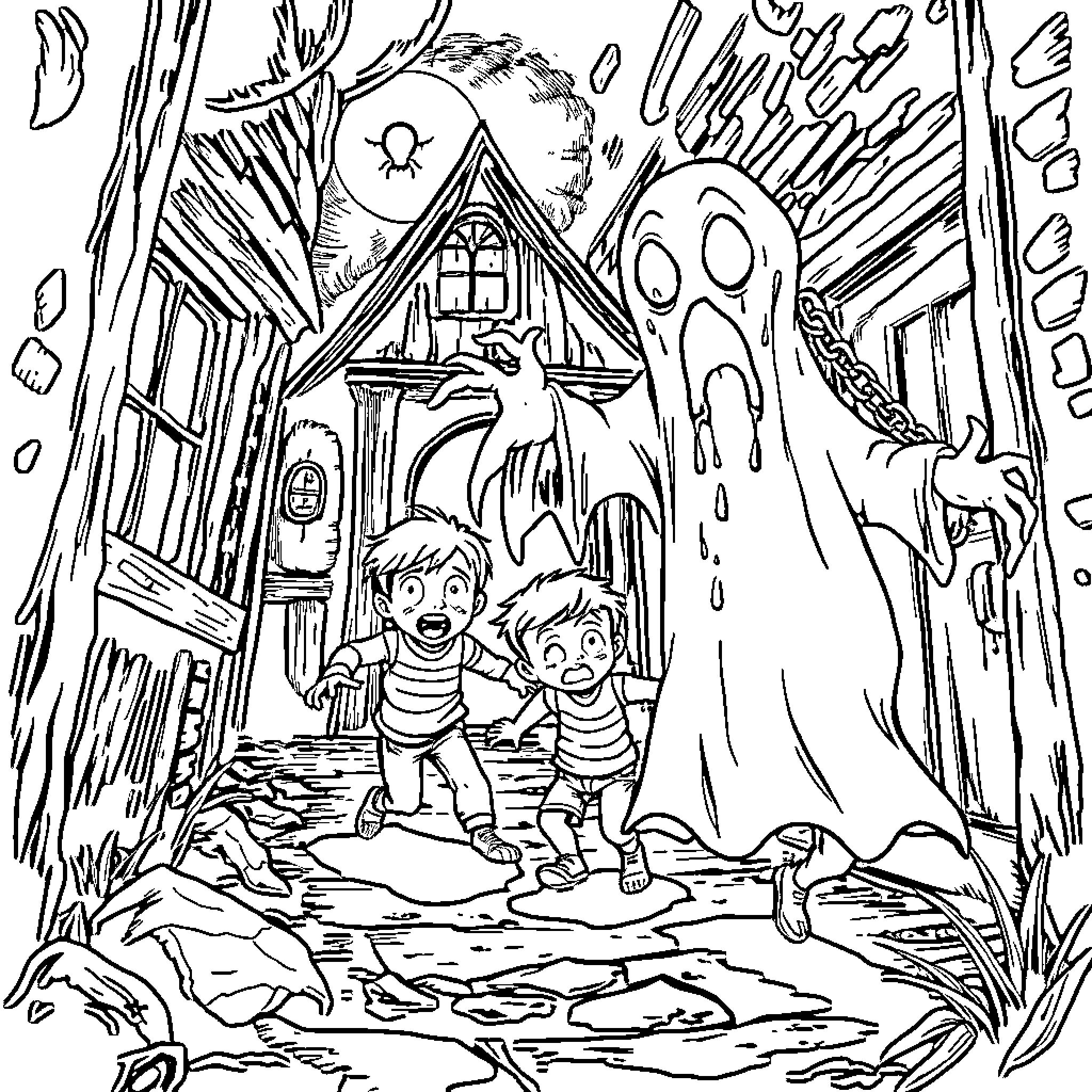 Ghost children playing by haunted house in dark forest Coloring Page (free black-and-white line drawing printable PDF for all, from beginners to advanced learners, including children, teens, adults, and seniors)
