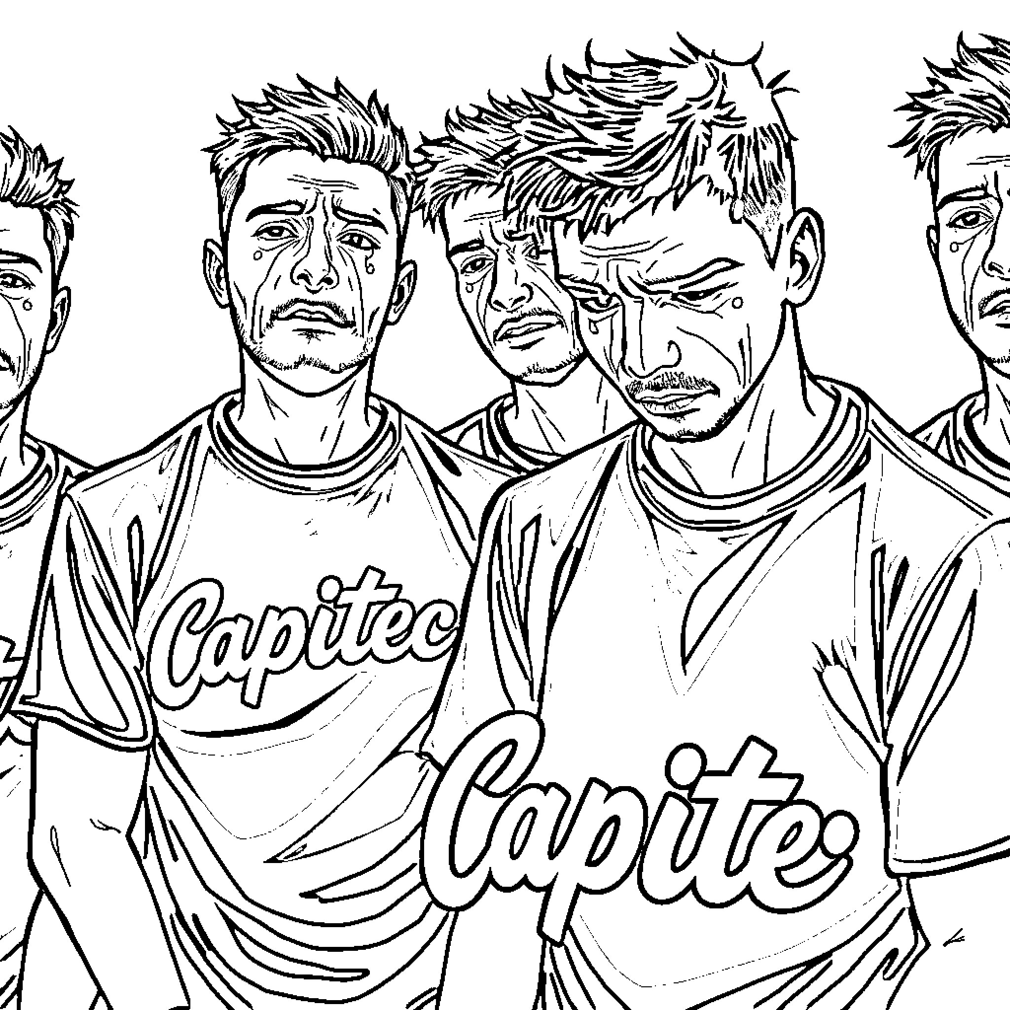 Men in athletic jerseys with determined expressions Coloring Page (free black-and-white line drawing printable PDF for all, from beginners to advanced learners, including children, teens, adults, and seniors)