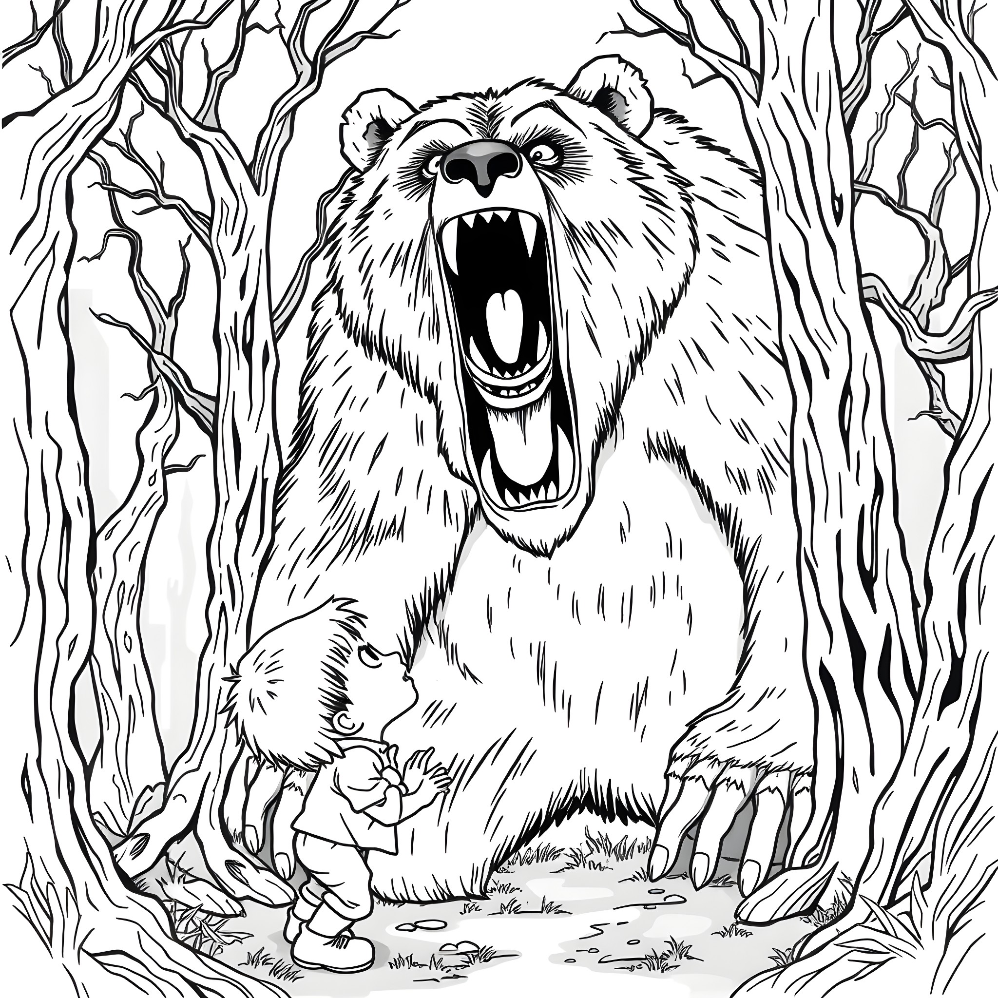 Bear Roaring Fiercely in the Wilderness Coloring Page (free black-and-white line drawing printable PDF for all, from beginners to advanced learners, including children, teens, adults, and seniors)