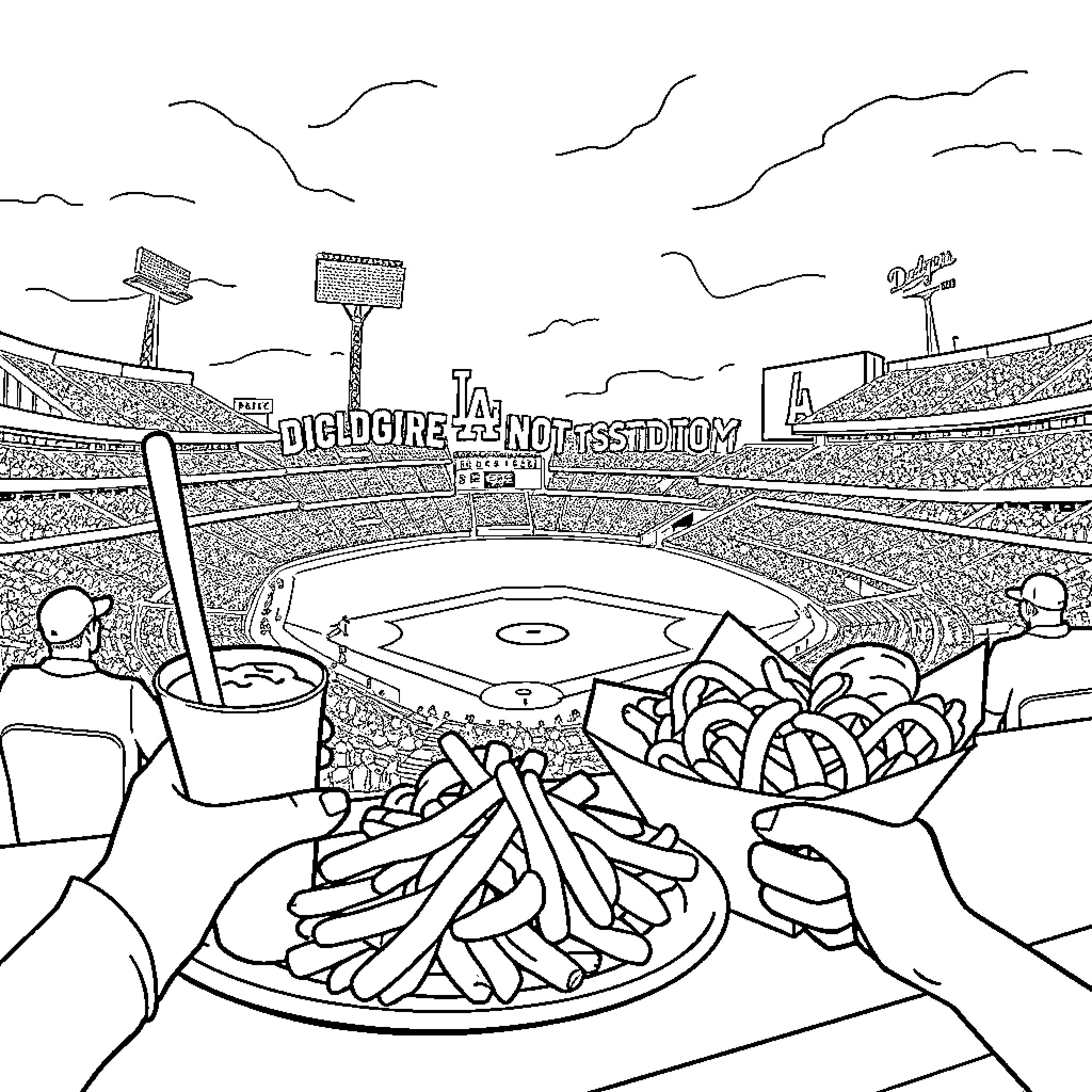 Dodgers Ballpark Food and Fans Coloring Page (free black-and-white line drawing printable PDF for all, from beginners to advanced learners, including children, teens, adults, and seniors)
