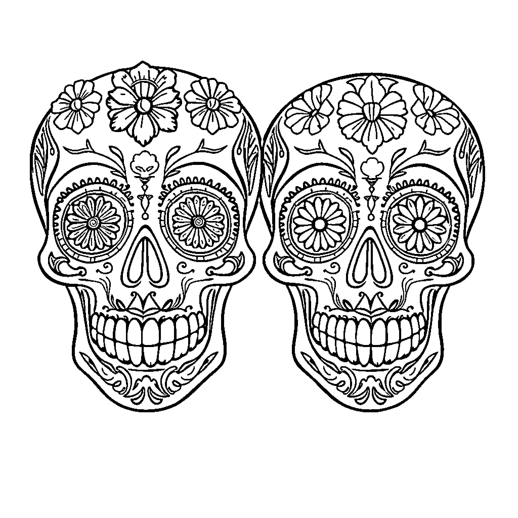 Sugar Skull Symmetrical Floral Designs Coloring Page (free black-and-white line drawing printable PDF for all, from beginners to advanced learners, including children, teens, adults, and seniors)