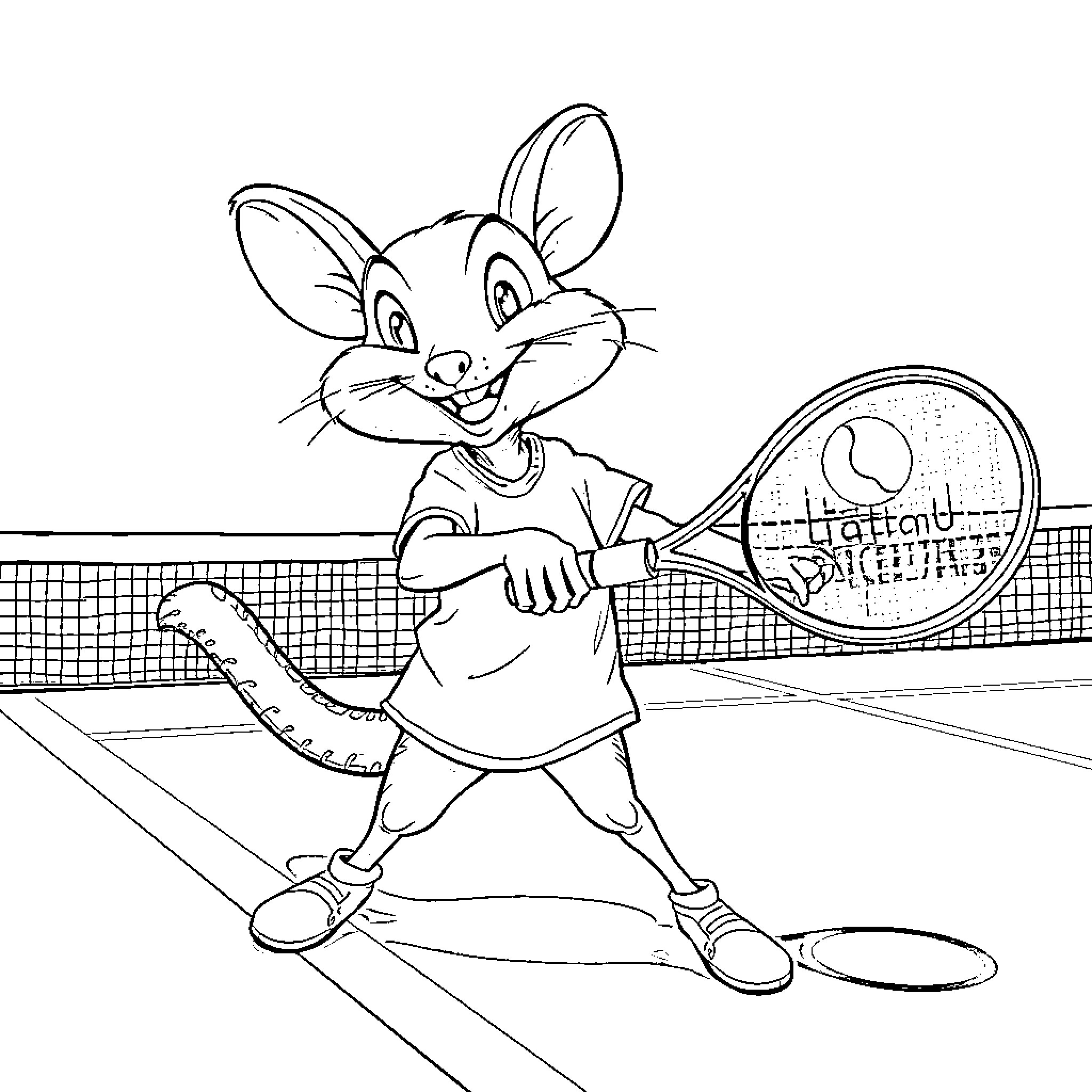 Frog playing tennis on the court Coloring Page (free black-and-white line drawing printable PDF for all, from beginners to advanced learners, including children, teens, adults, and seniors)