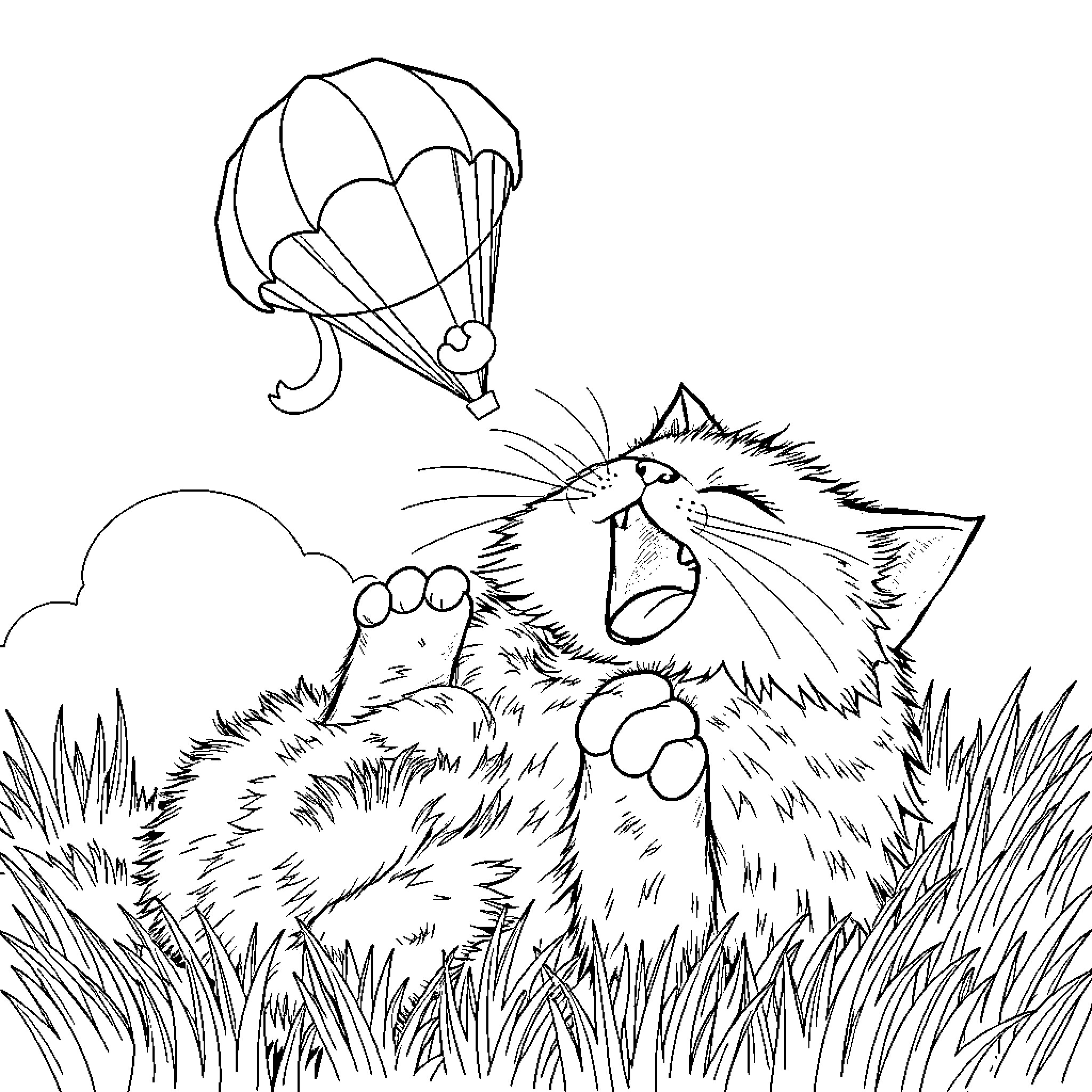 Cat chasing a parachuting toy in a grassy field Coloring Page (free black-and-white line drawing printable PDF for all, from beginners to advanced learners, including children, teens, adults, and seniors)