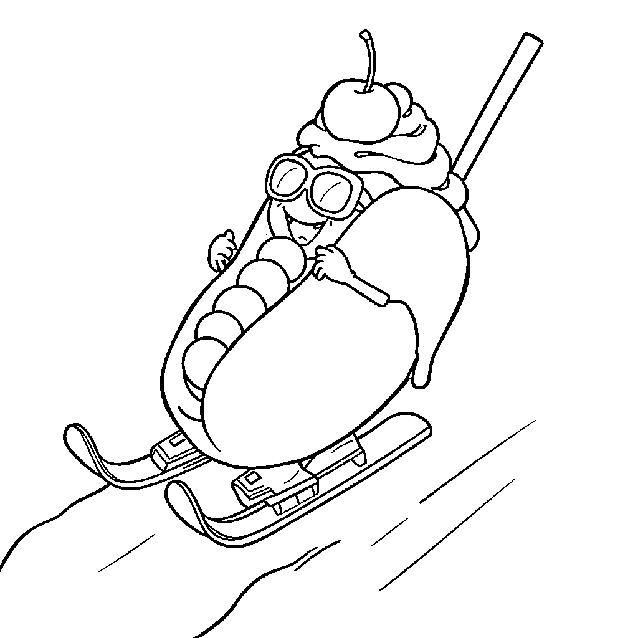 Hotdog character sledding down a hill Coloring Page (free black-and-white line drawing printable PDF for all, from beginners to advanced learners, including children, teens, adults, and seniors)