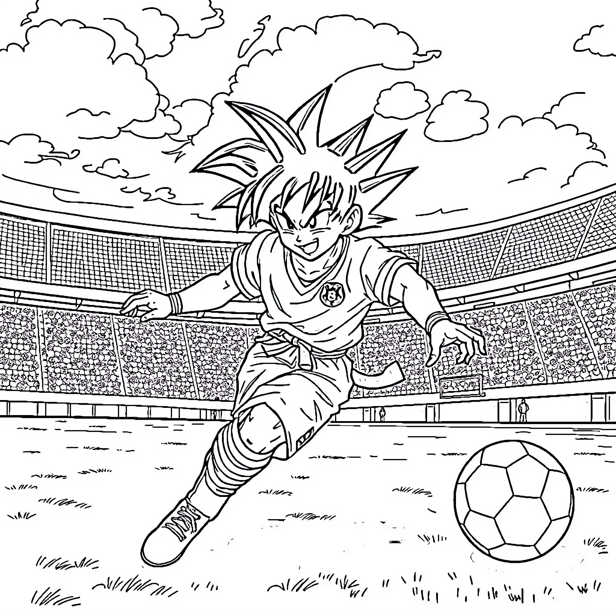 Goku playing soccer in a sports stadium Coloring Page (free black-and-white line drawing printable PDF for all, from beginners to advanced learners, including children, teens, adults, and seniors)