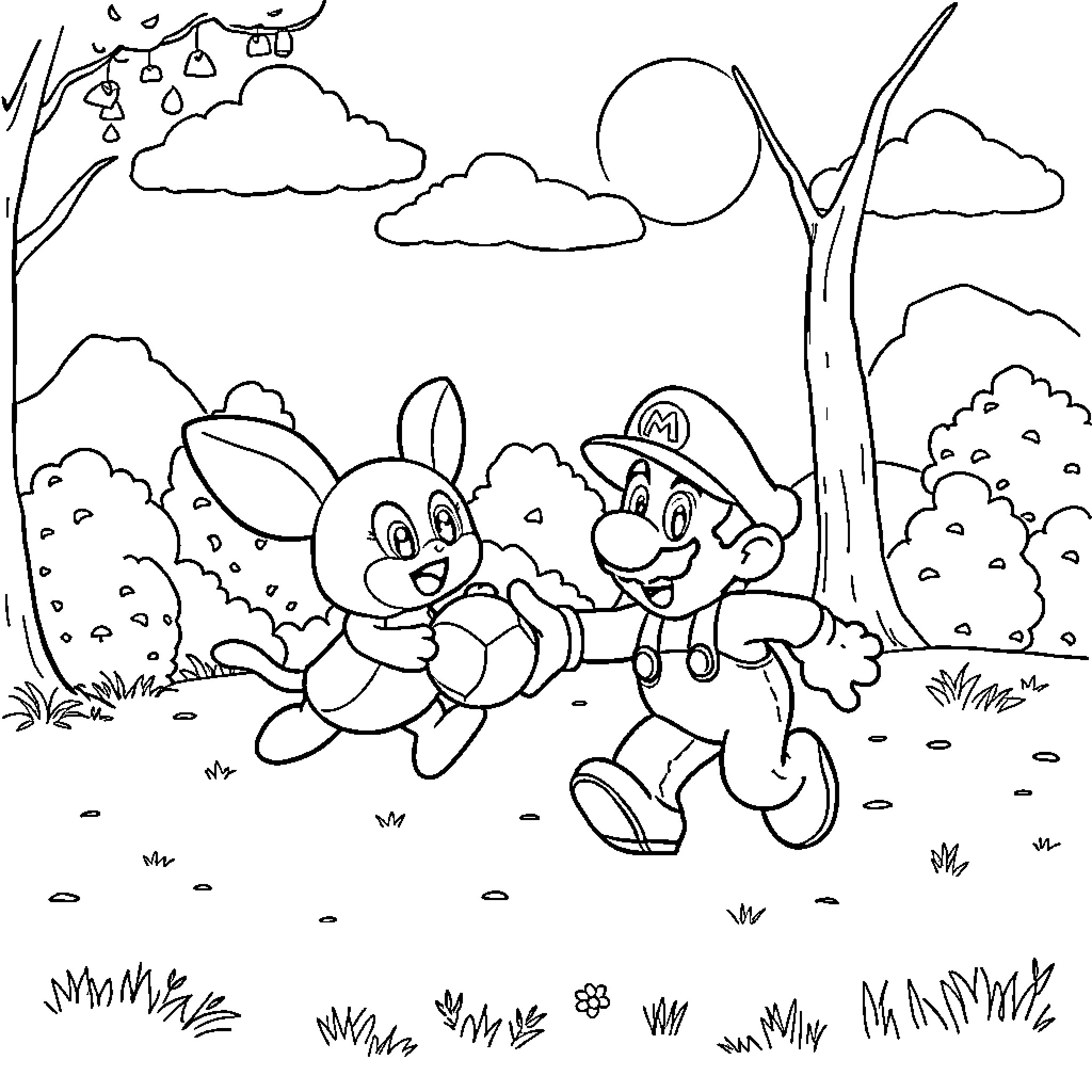 Bluey and friend exploring the outdoors Coloring Page (free black-and-white line drawing printable PDF for all, from beginners to advanced learners, including children, teens, adults, and seniors)