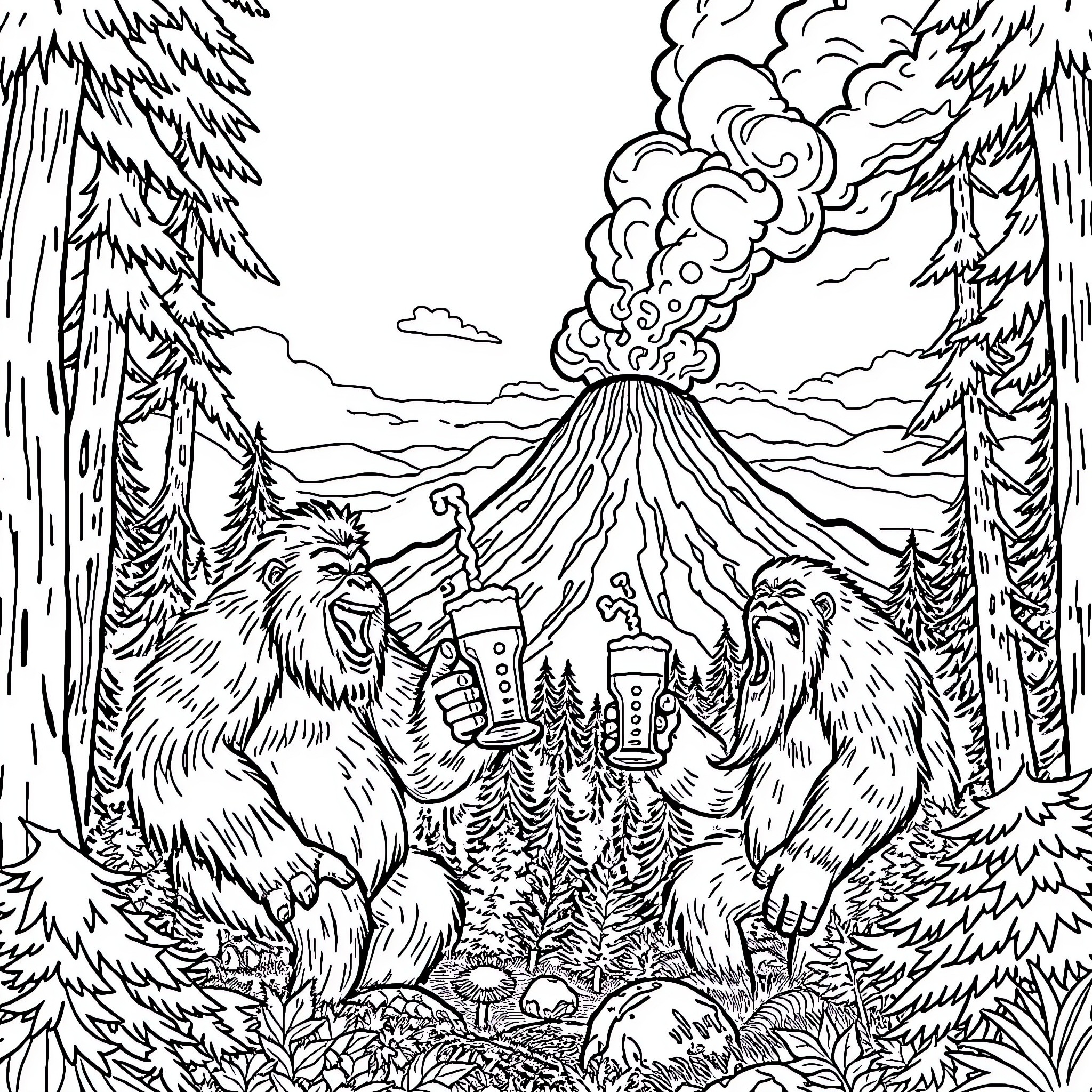 Sasquatch encountering a volcanic eruption in the forest Coloring Page (free black-and-white line drawing printable PDF for all, from beginners to advanced learners, including children, teens, adults, and seniors)