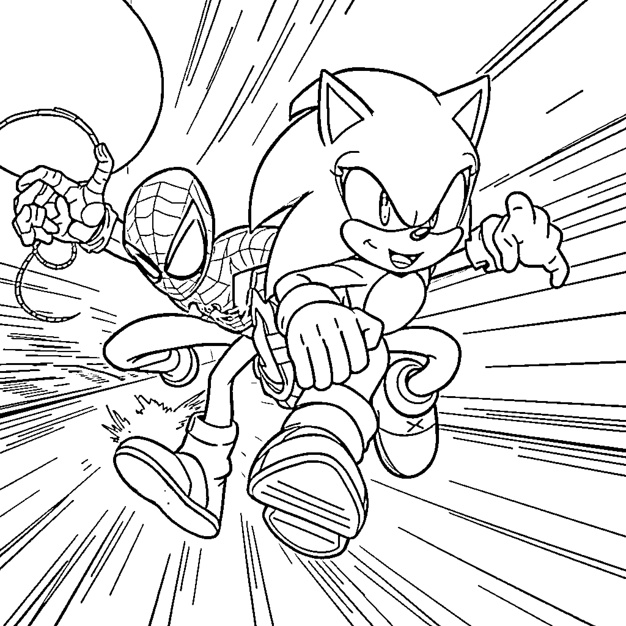 Sonic and Spiderman team up for an epic adventure Coloring Page (free black-and-white line drawing printable PDF for all, from beginners to advanced learners, including children, teens, adults, and seniors)