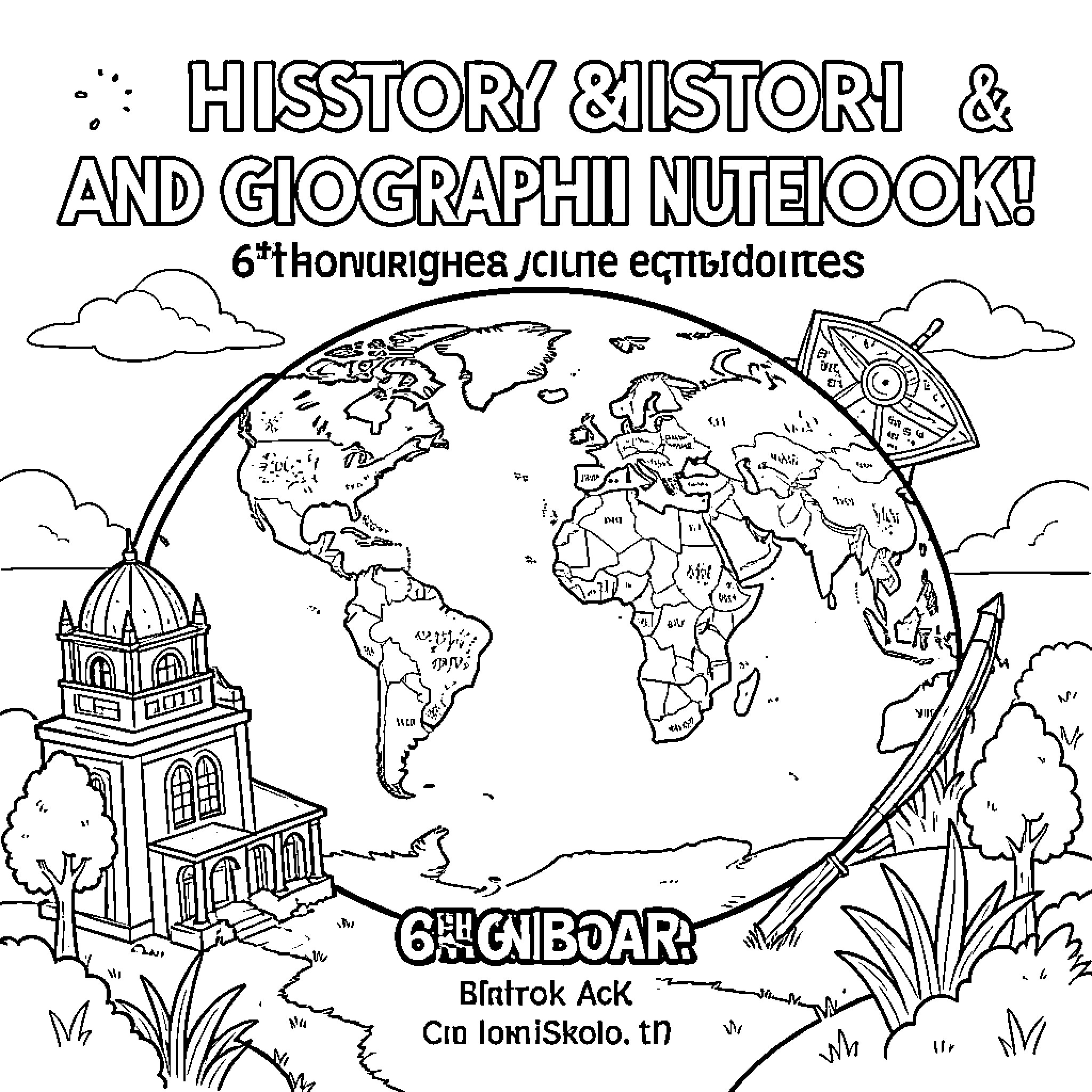 Cahier featuring a globe and historical architecture Coloring Page (free black-and-white line drawing printable PDF for all, from beginners to advanced learners, including children, teens, adults, and seniors)