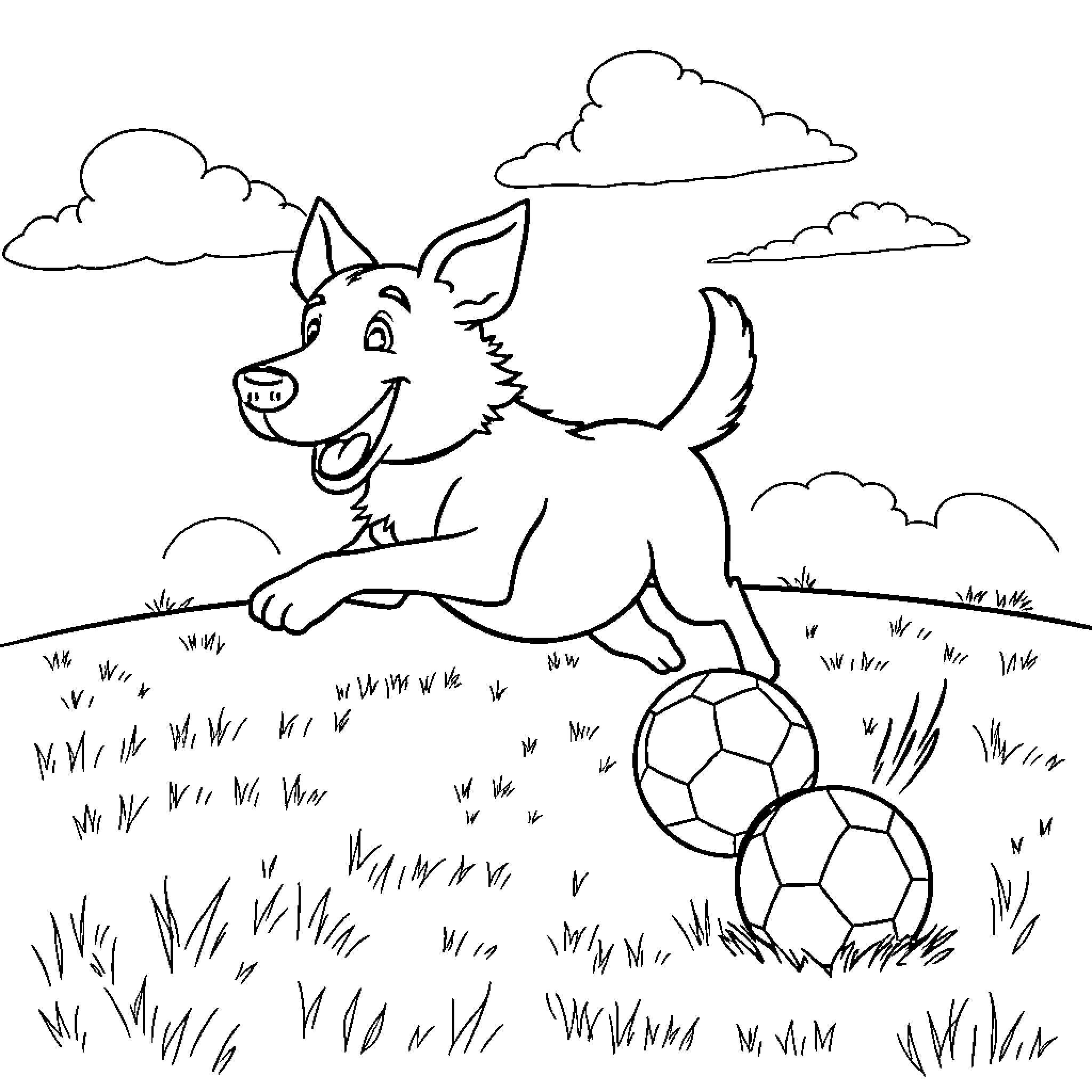 Dog playing happily with soccer balls in the field Coloring Page (free black-and-white line drawing printable PDF for all, from beginners to advanced learners, including children, teens, adults, and seniors)