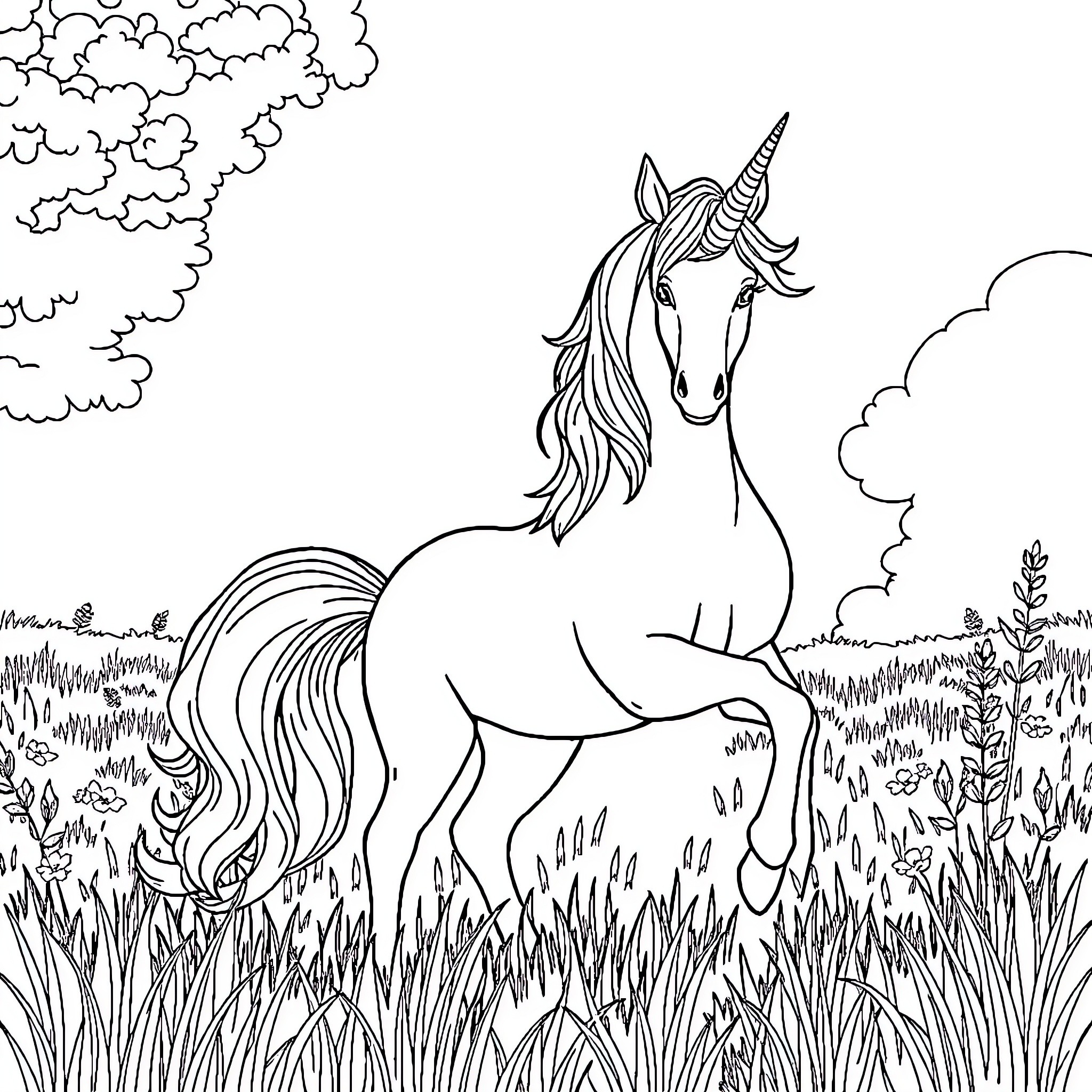 Unicorn running gracefully through the meadow Coloring Page (free black-and-white line drawing printable PDF for all, from beginners to advanced learners, including children, teens, adults, and seniors)