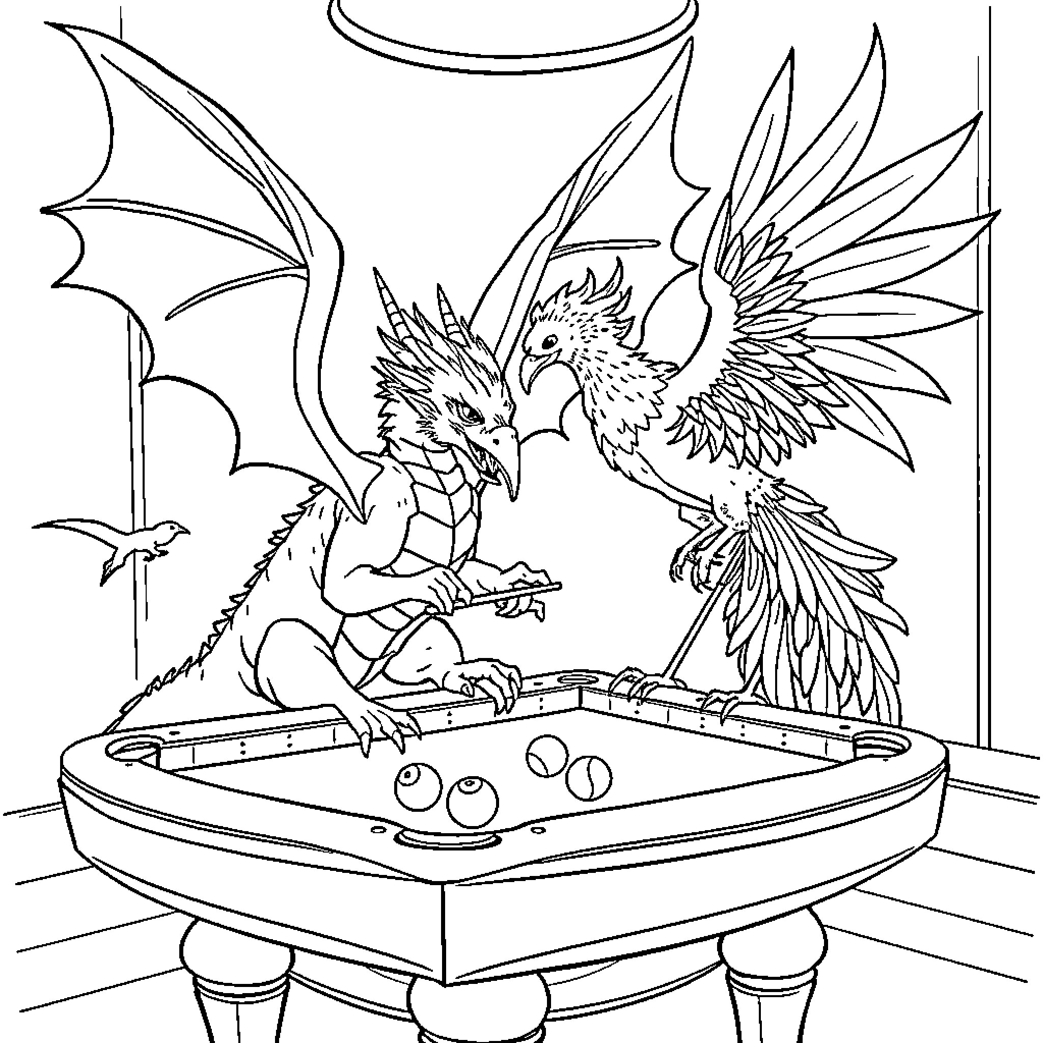 Dragon fighting with phoenix over a pool Coloring Page (free black-and-white line drawing printable PDF for all, from beginners to advanced learners, including children, teens, adults, and seniors)