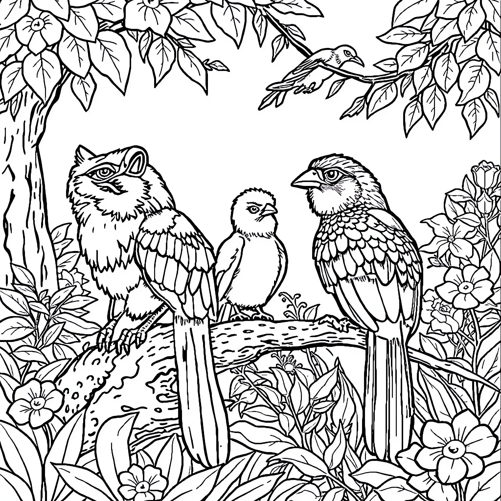 Animal family in lush garden Coloring Page (free black-and-white line drawing printable PDF for all, from beginners to advanced learners, including children, teens, adults, and seniors)