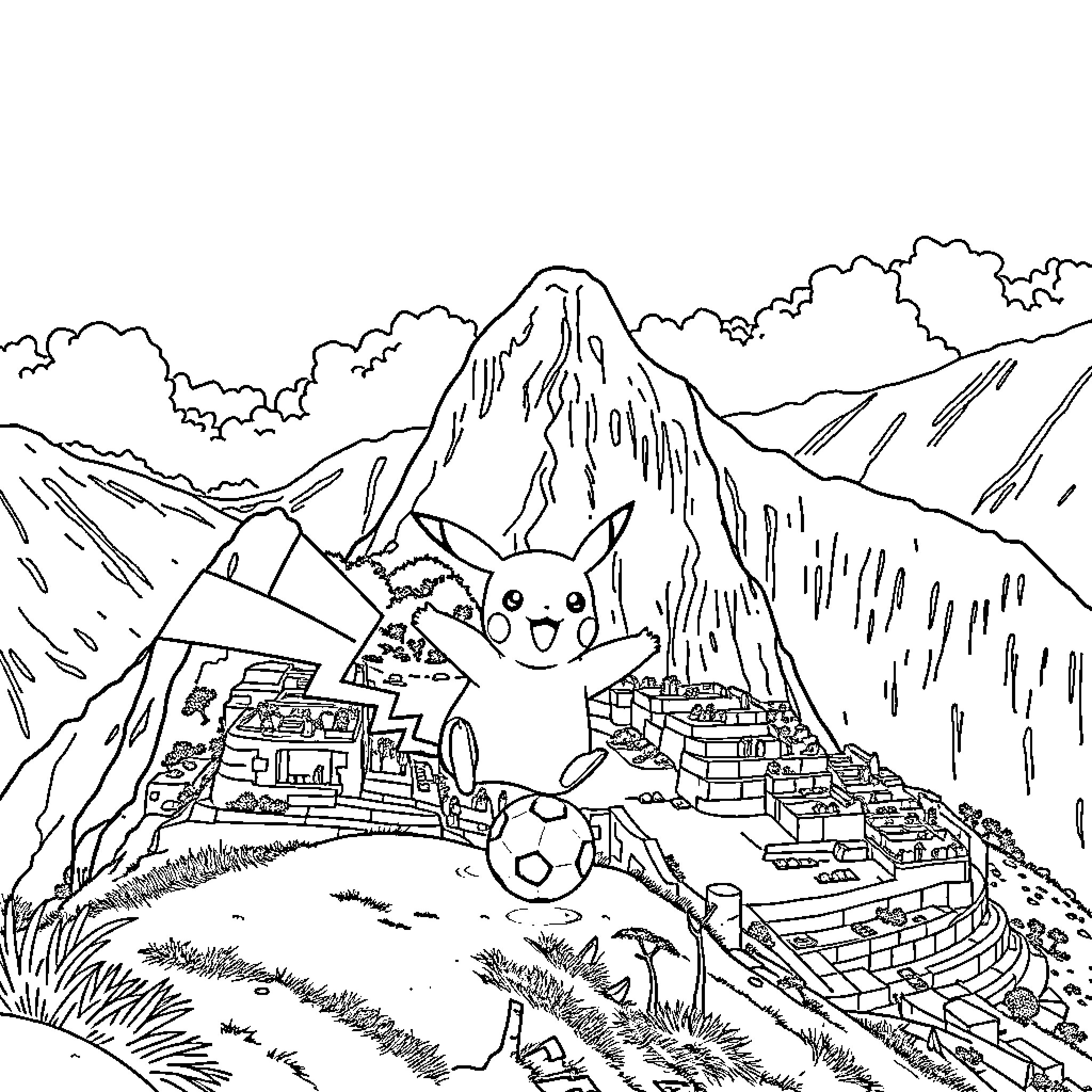 Pikachu exploring the mountainous landscape Coloring Page (free black-and-white line drawing printable PDF for all, from beginners to advanced learners, including children, teens, adults, and seniors)