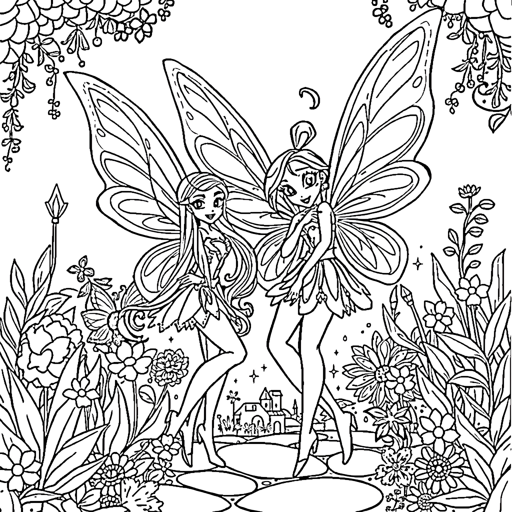 Winx Club Fairies in Enchanted Floral Garden Coloring Page (free black-and-white line drawing printable PDF for all, from beginners to advanced learners, including children, teens, adults, and seniors)