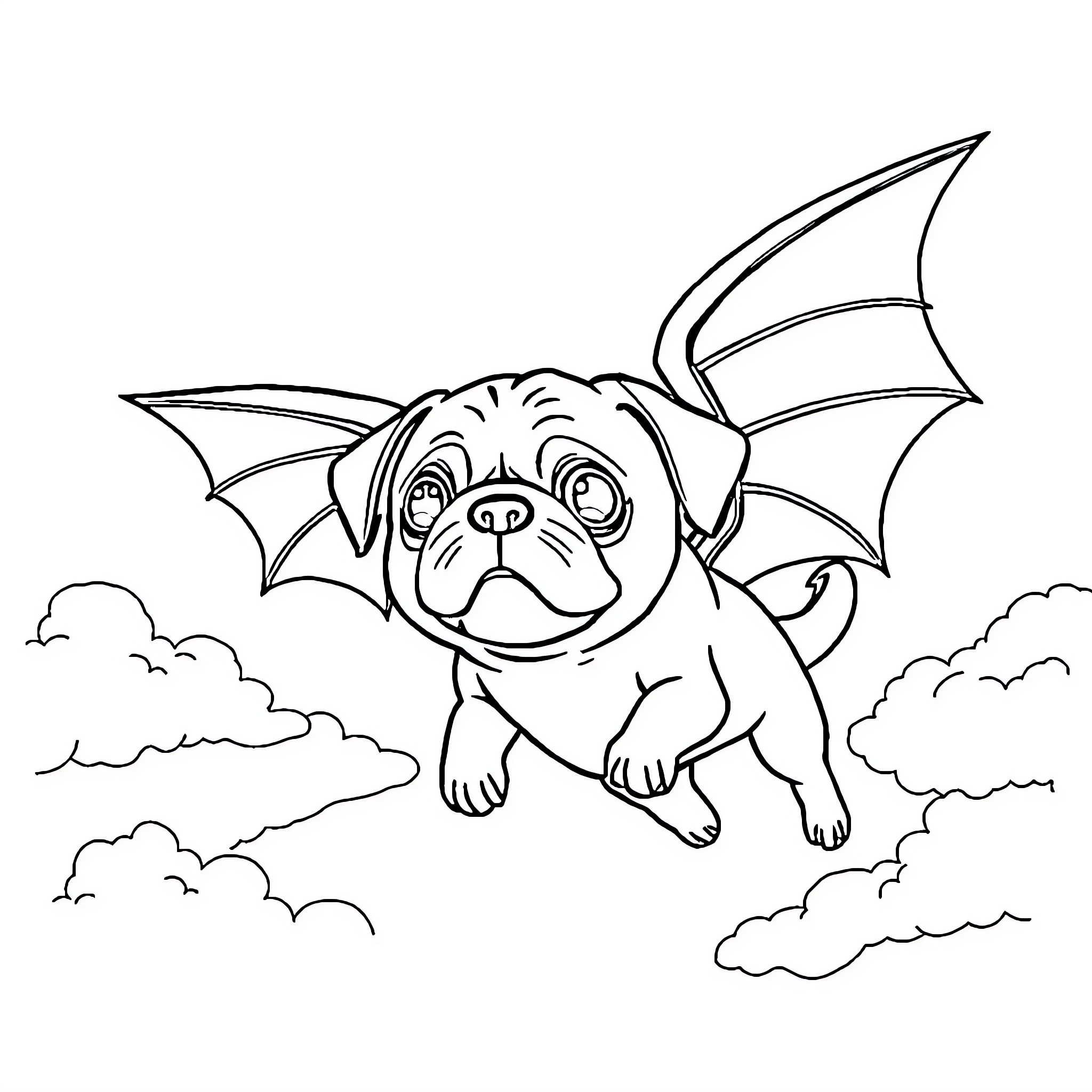 Pug with Bat Wings Flying in the Clouds Coloring Page (free black-and-white line drawing printable PDF for all, from beginners to advanced learners, including children, teens, adults, and seniors)