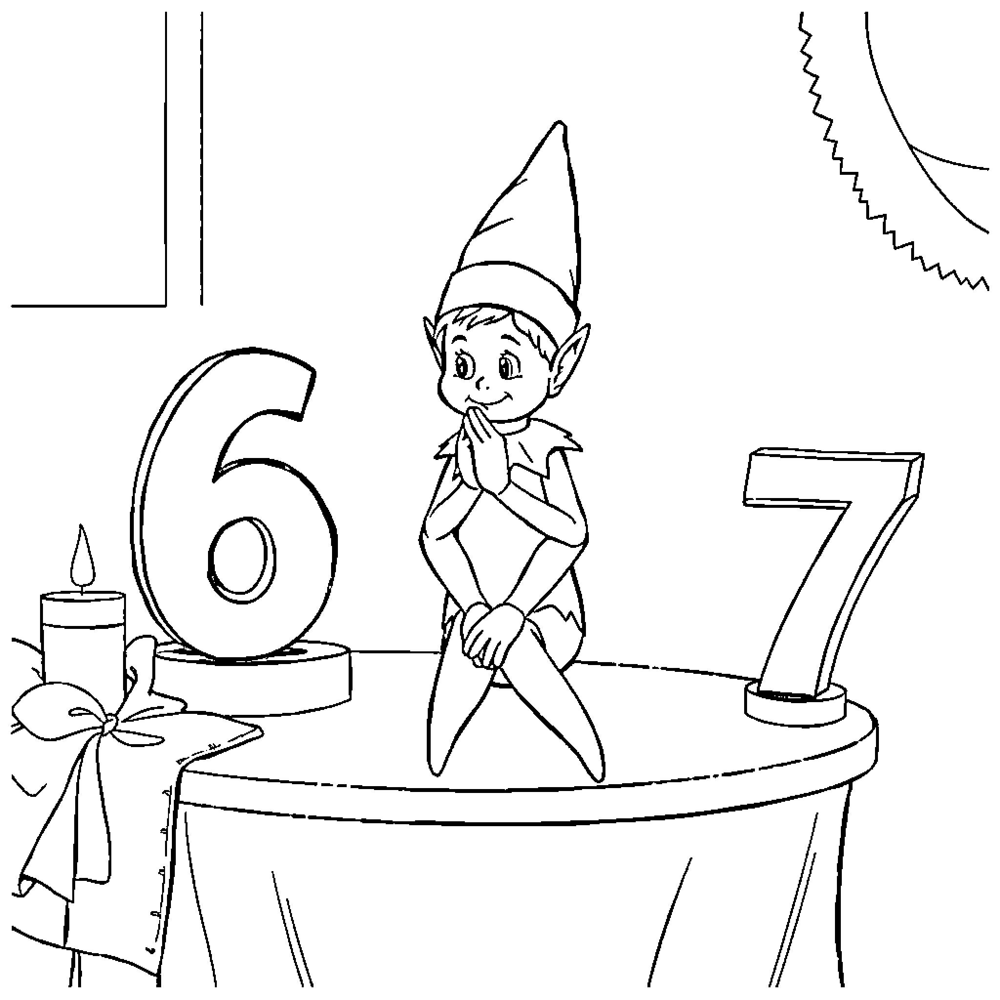 Elf celebrates birthday with cake and party decorations Coloring Page (free black-and-white line drawing printable PDF for all, from beginners to advanced learners, including children, teens, adults, and seniors)