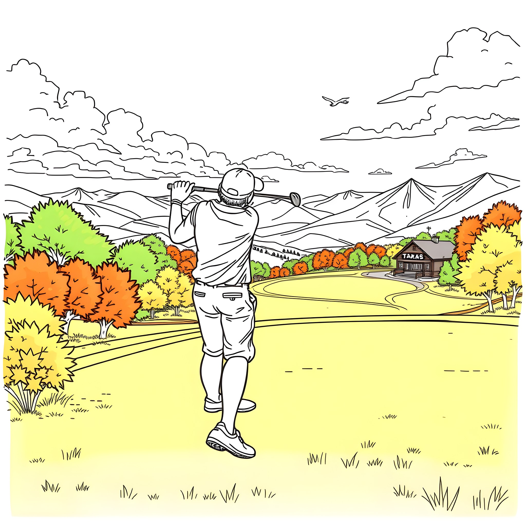 Andy enjoying the scenic countryside with a hike Coloring Page (free black-and-white line drawing printable PDF for all, from beginners to advanced learners, including children, teens, adults, and seniors)