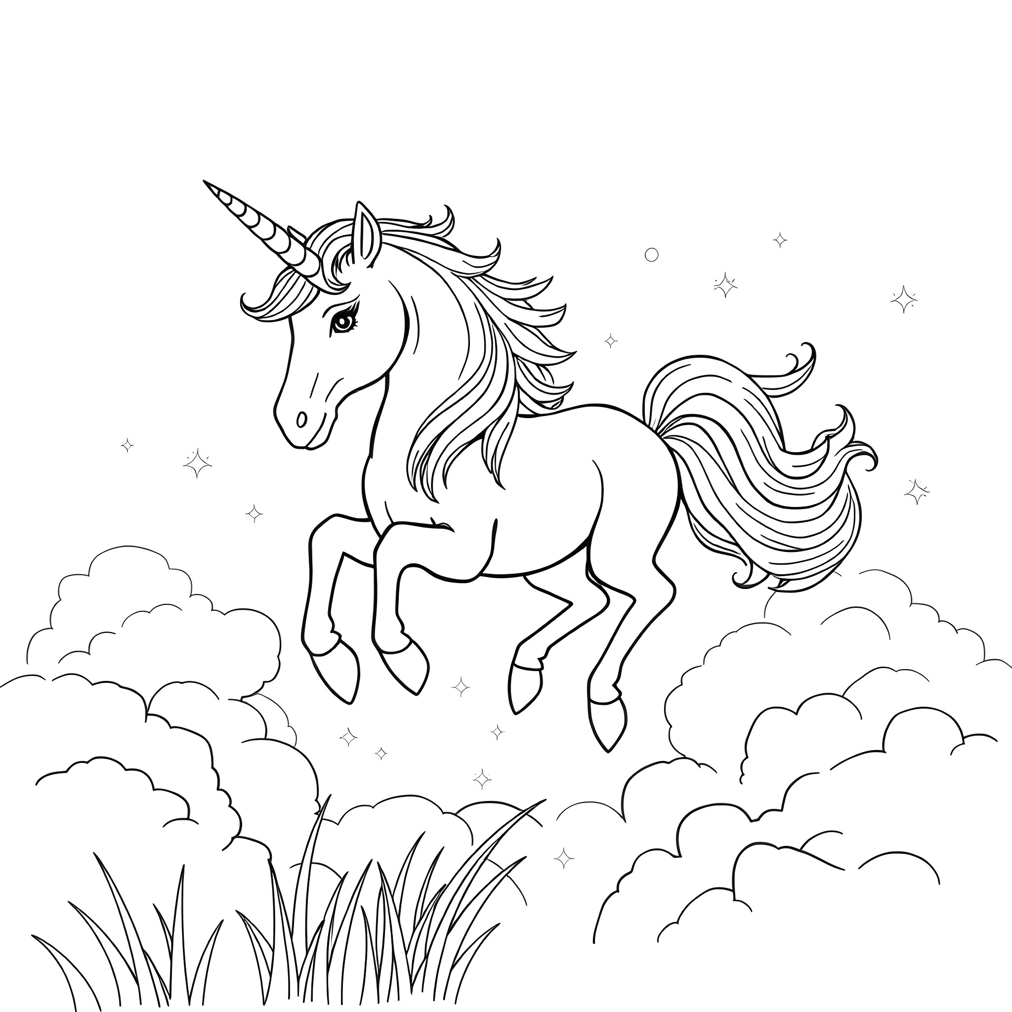 Unicorn prancing joyfully through the clouds Coloring Page (free black-and-white line drawing printable PDF for all, from beginners to advanced learners, including children, teens, adults, and seniors)