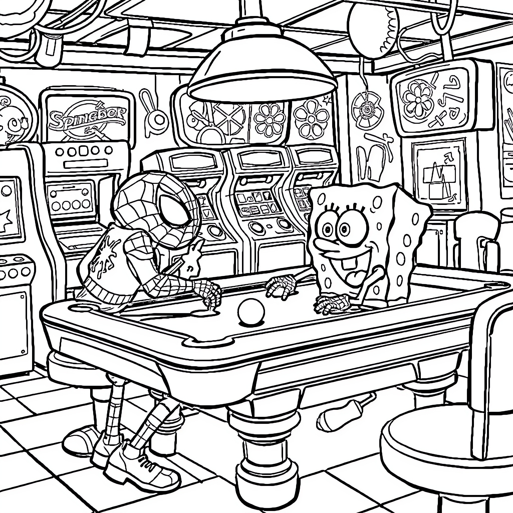 Spongebob and Spiderman playing arcade games Coloring Page (free black-and-white line drawing printable PDF for all, from beginners to advanced learners, including children, teens, adults, and seniors)