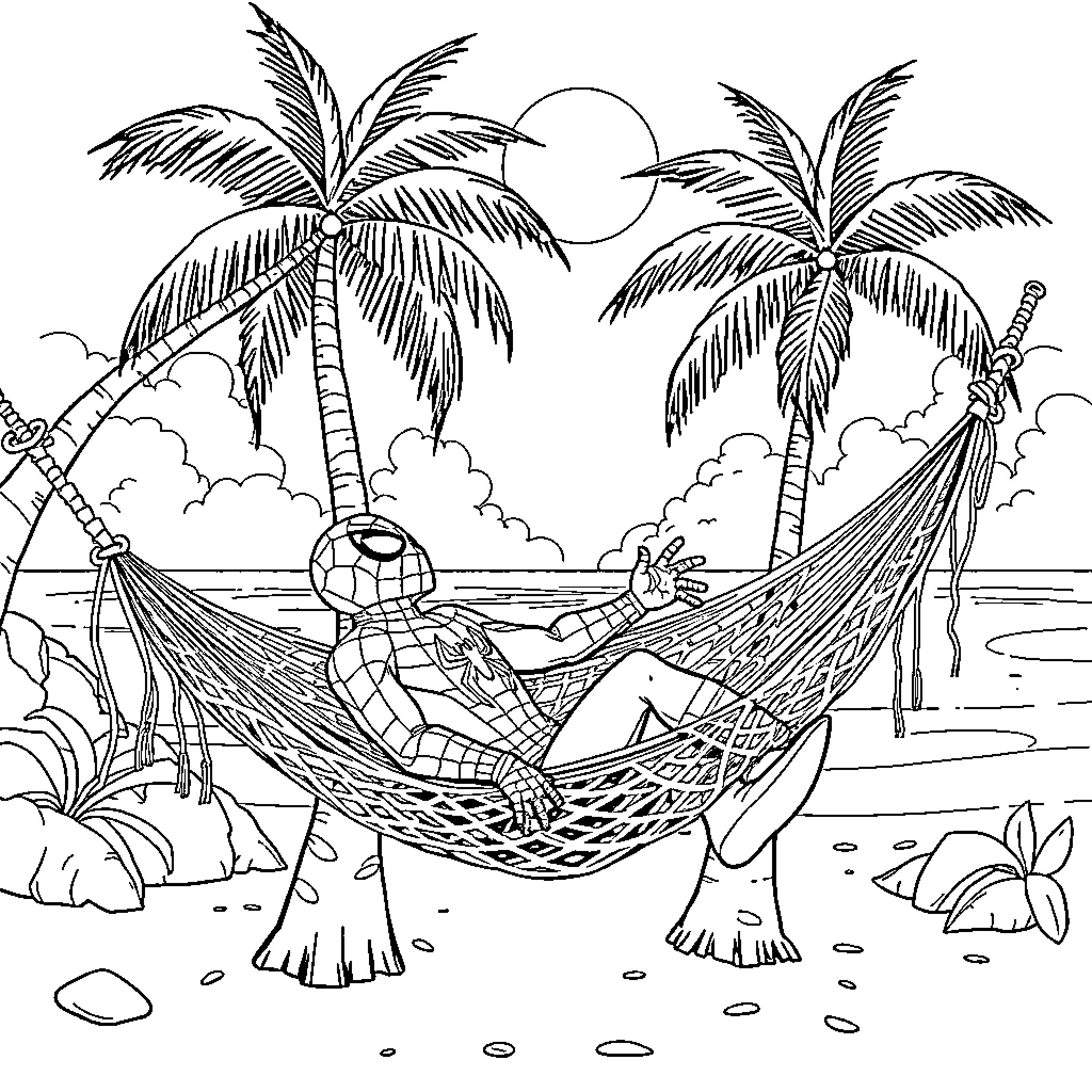 Spiderman relaxing on a hammock by the beach Coloring Page (free black-and-white line drawing printable PDF for all, from beginners to advanced learners, including children, teens, adults, and seniors)
