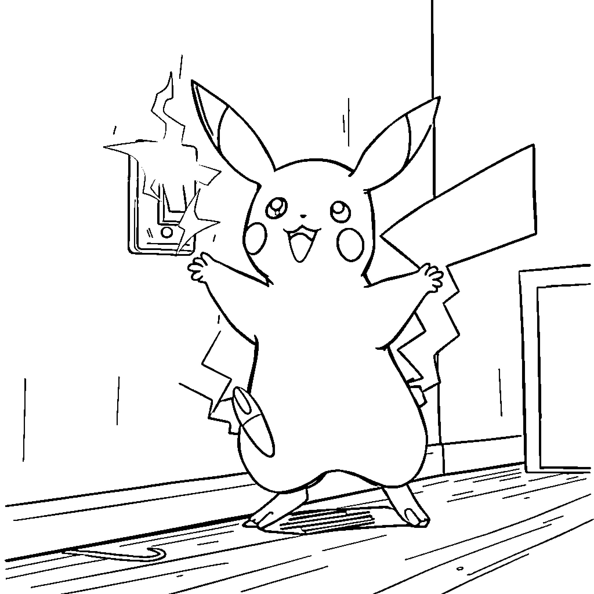 Pikachu playing joyfully in an indoor setting Coloring Page (free black-and-white line drawing printable PDF for all, from beginners to advanced learners, including children, teens, adults, and seniors)