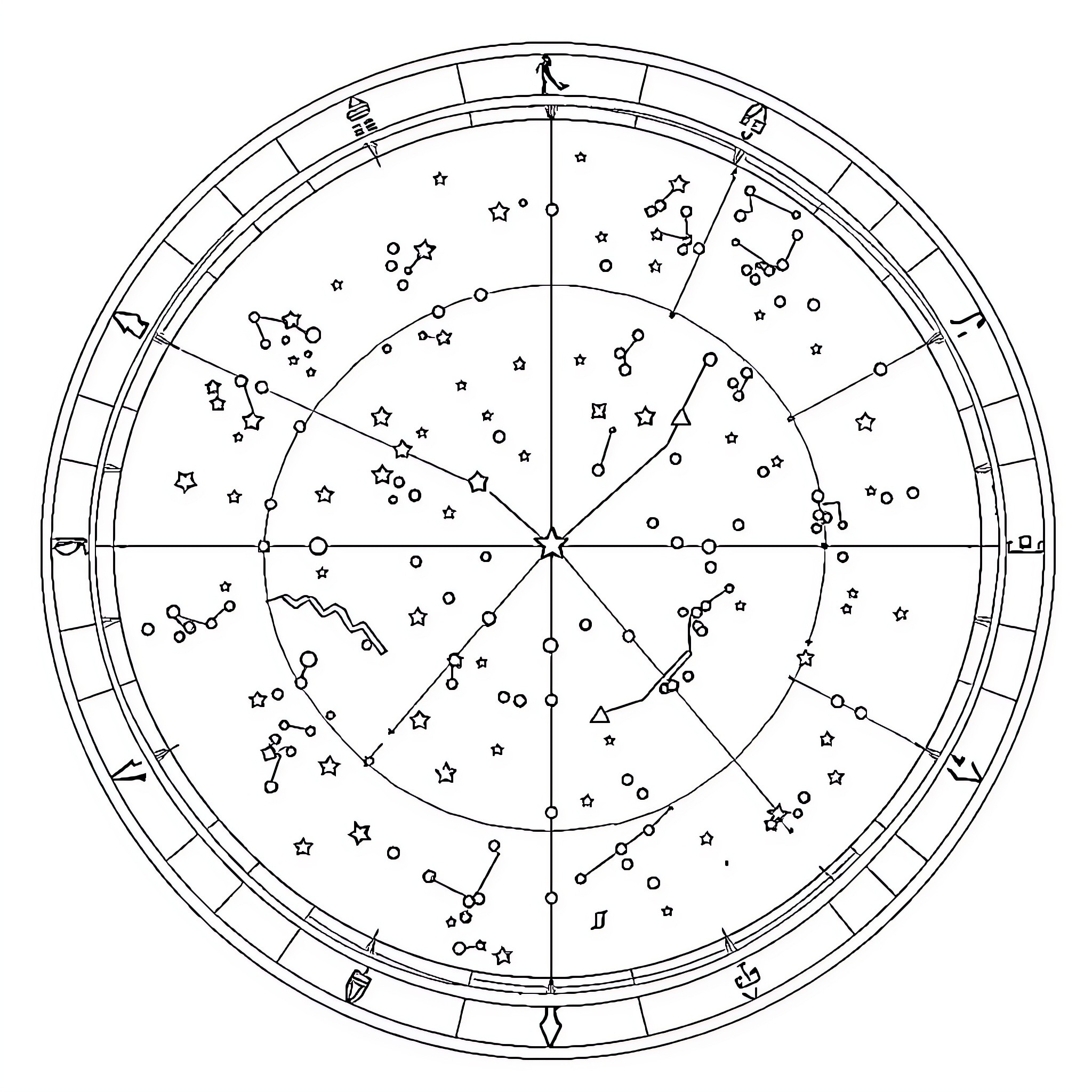 Star Map of Celestial Bodies and Constellations Coloring Page (free black-and-white line drawing printable PDF for all, from beginners to advanced learners, including children, teens, adults, and seniors)