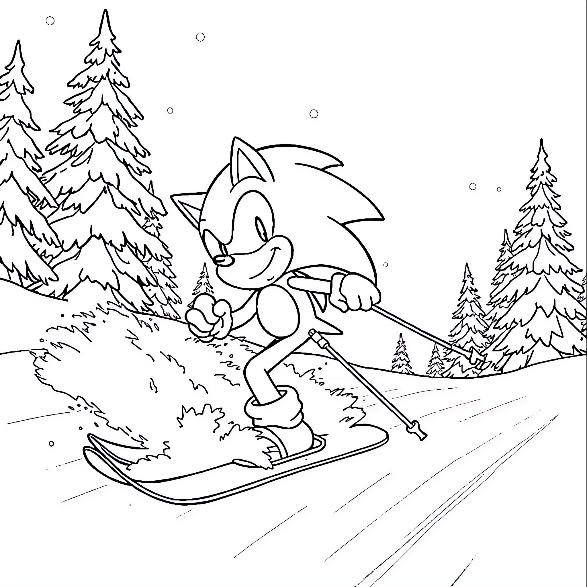 Sonic speeding down a snowy slope on a sled Coloring Page (free black-and-white line drawing printable PDF for all, from beginners to advanced learners, including children, teens, adults, and seniors)