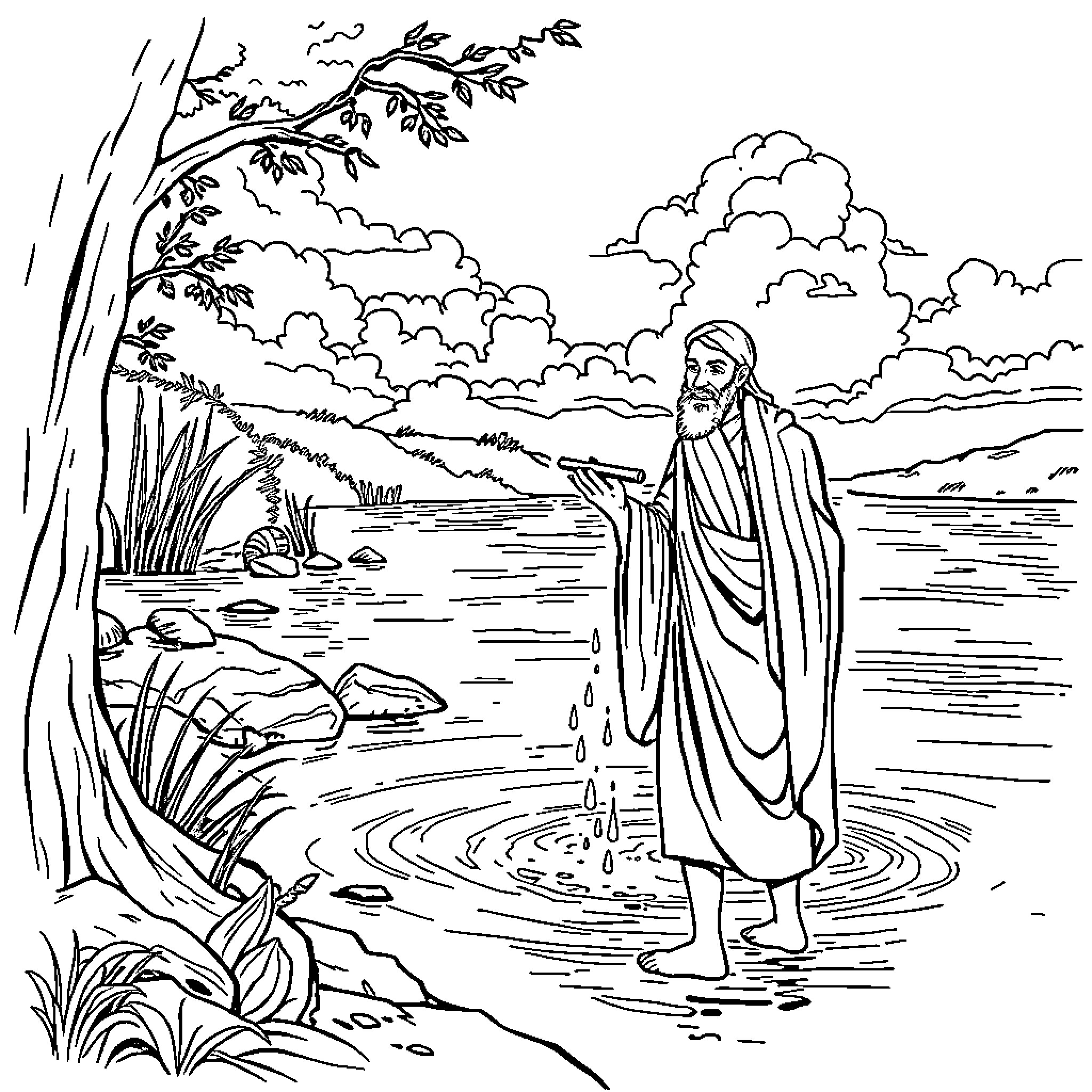 Naaman's Miraculous Healing at the Jordan River Coloring Page (free black-and-white line drawing printable PDF for all, from beginners to advanced learners, including children, teens, adults, and seniors)