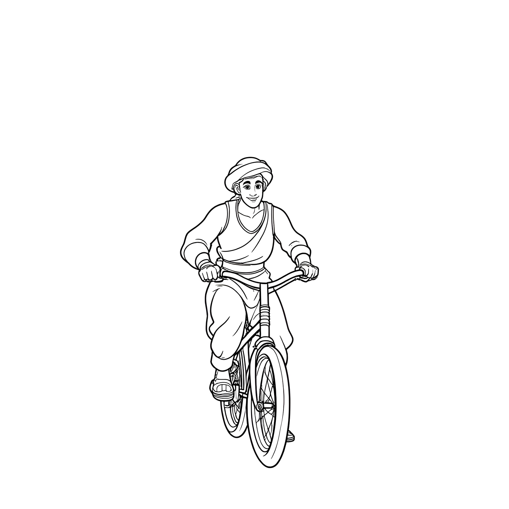 Aladdin riding a bicycle Coloring Page (free black-and-white line drawing printable PDF for all, from beginners to advanced learners, including children, teens, adults, and seniors)