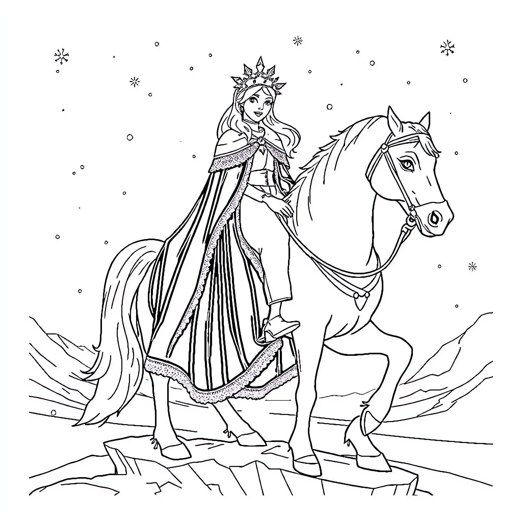Queen Riding Majestic Horse in Snowy Landscape Coloring Page (free black-and-white line drawing printable PDF for all, from beginners to advanced learners, including children, teens, adults, and seniors)
