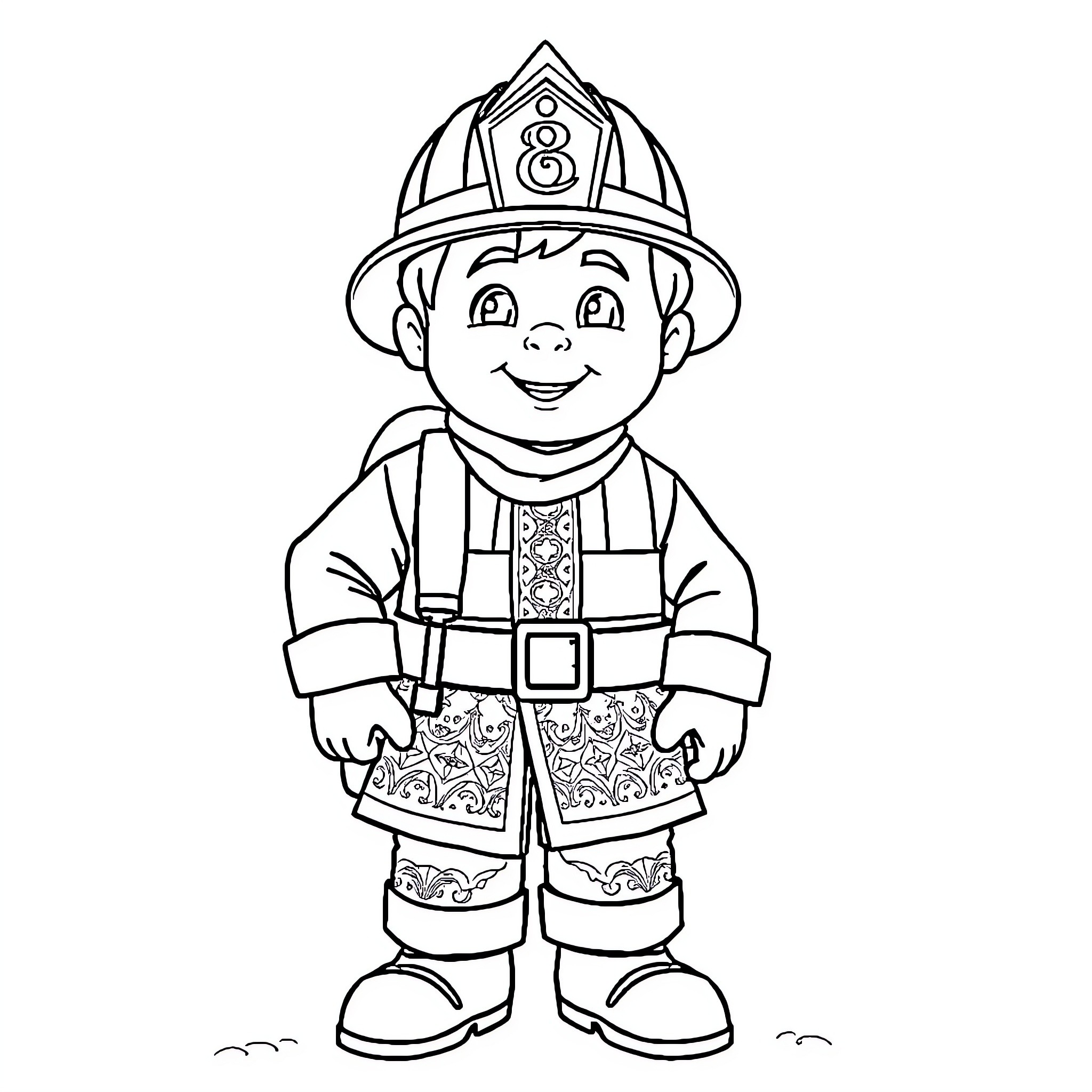 Fireman Sam in Firefighter Uniform Coloring Page (free black-and-white line drawing printable PDF for all, from beginners to advanced learners, including children, teens, adults, and seniors)