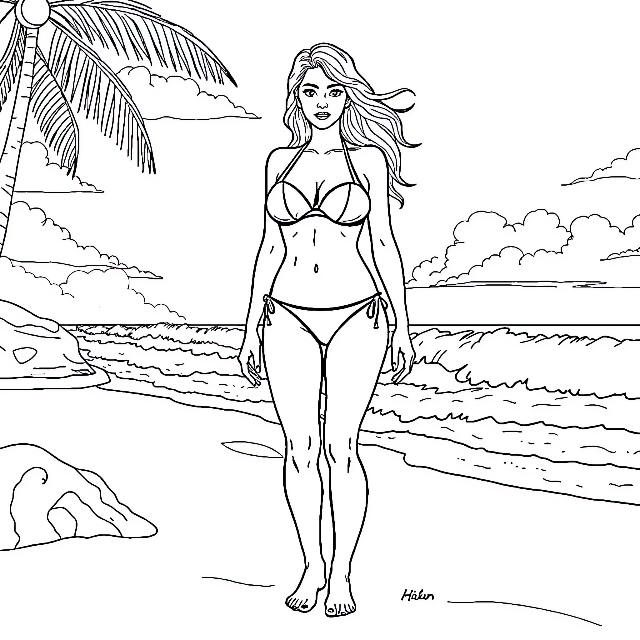 Model enjoying the beach scene Coloring Page (free black-and-white line drawing printable PDF for all, from beginners to advanced learners, including children, teens, adults, and seniors)