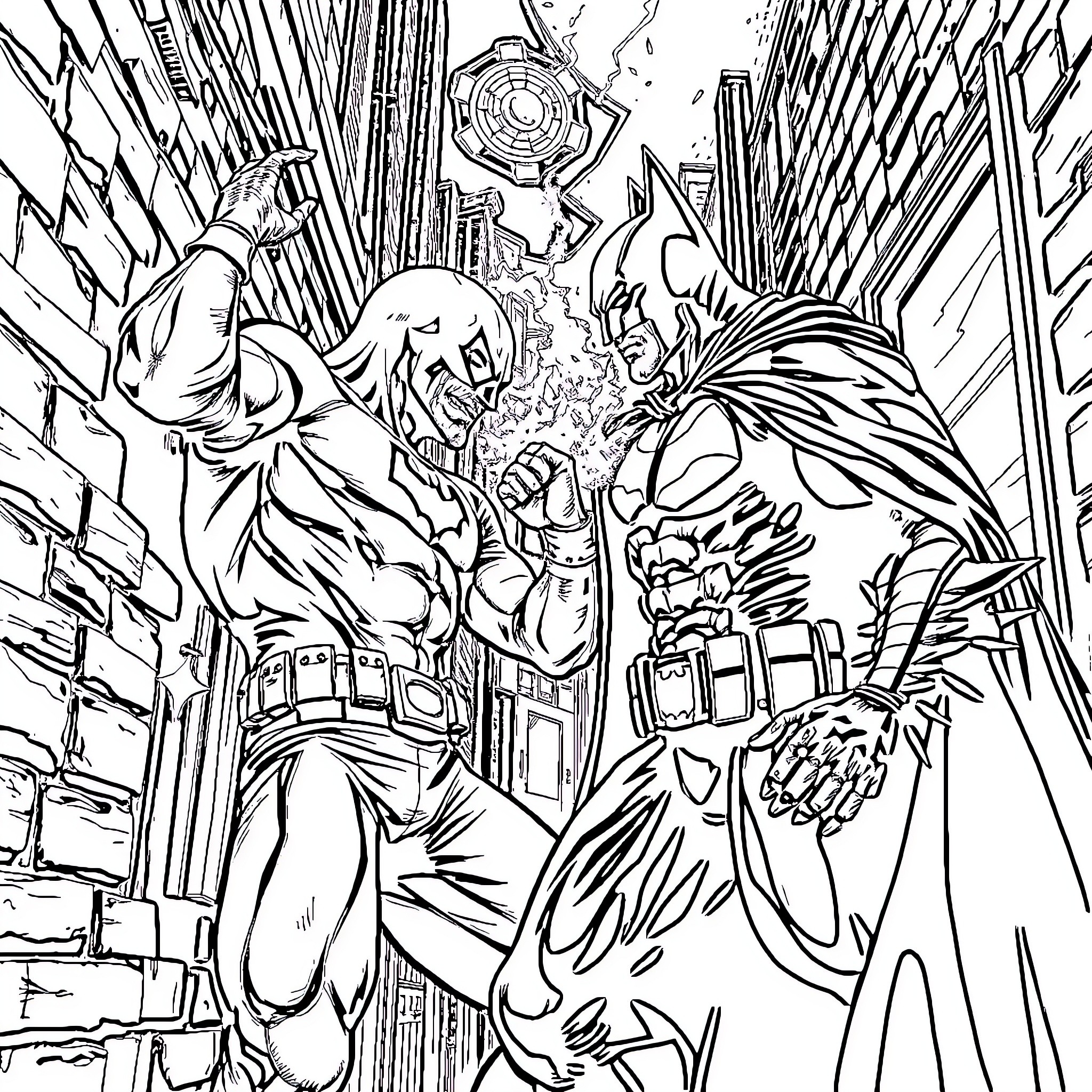 Jason Taytum's action-packed superheroes in epic combat Coloring Page (free black-and-white line drawing printable PDF for all, from beginners to advanced learners, including children, teens, adults, and seniors)