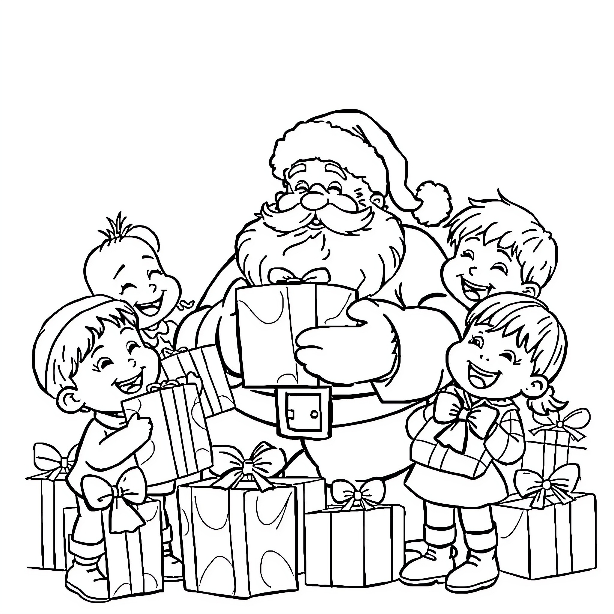 Santa Claus delivering presents to happy children Coloring Page (free black-and-white line drawing printable PDF for all, from beginners to advanced learners, including children, teens, adults, and seniors)