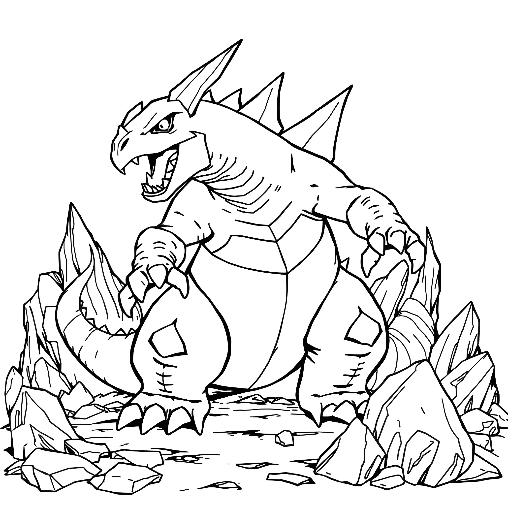 Tyranitar roaring with fierce determination Coloring Page (free black-and-white line drawing printable PDF for all, from beginners to advanced learners, including children, teens, adults, and seniors)
