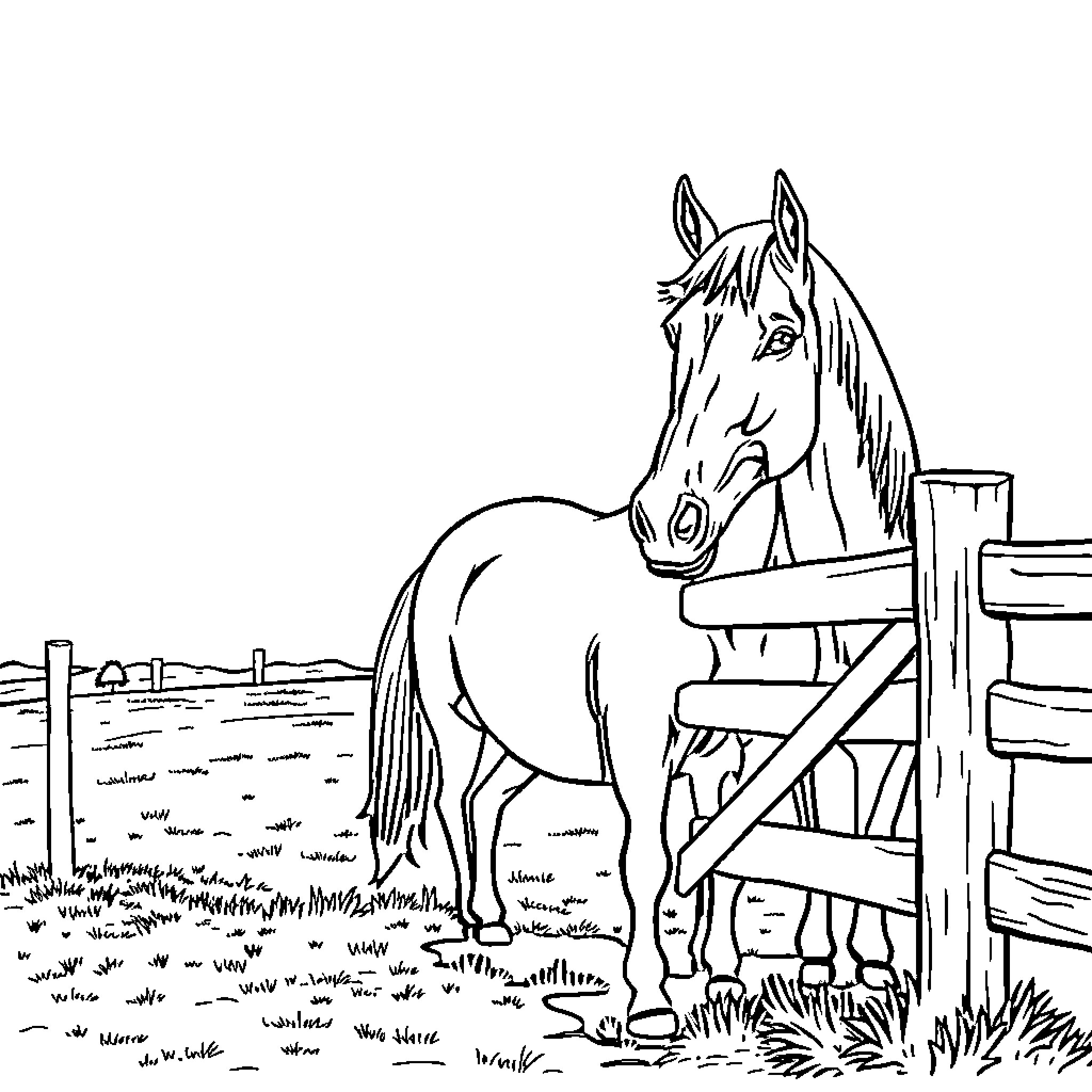 Horse resting peacefully in a rural landscape Coloring Page (free black-and-white line drawing printable PDF for all, from beginners to advanced learners, including children, teens, adults, and seniors)