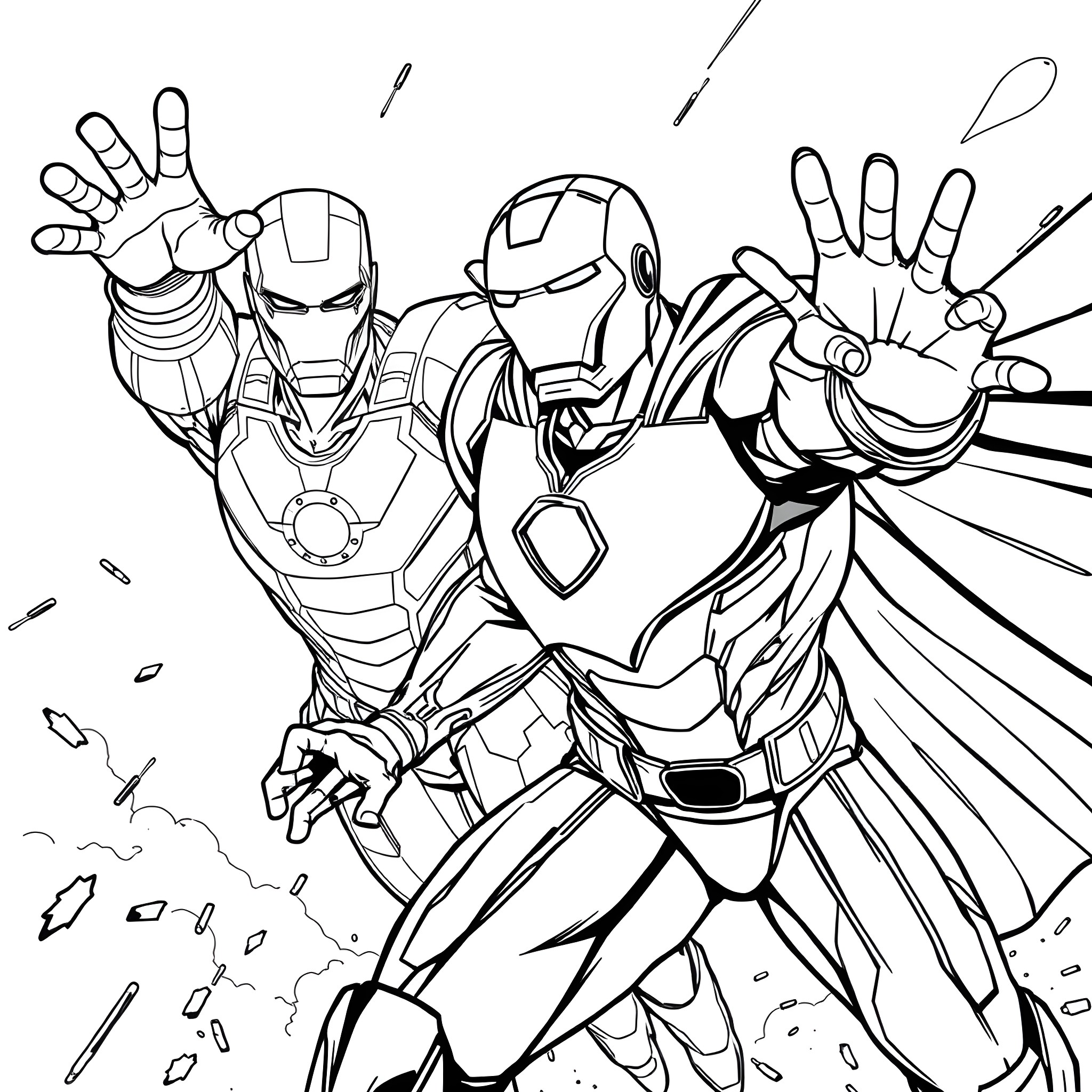 Ironman characters in action poses Coloring Page (free black-and-white line drawing printable PDF for all, from beginners to advanced learners, including children, teens, adults, and seniors)