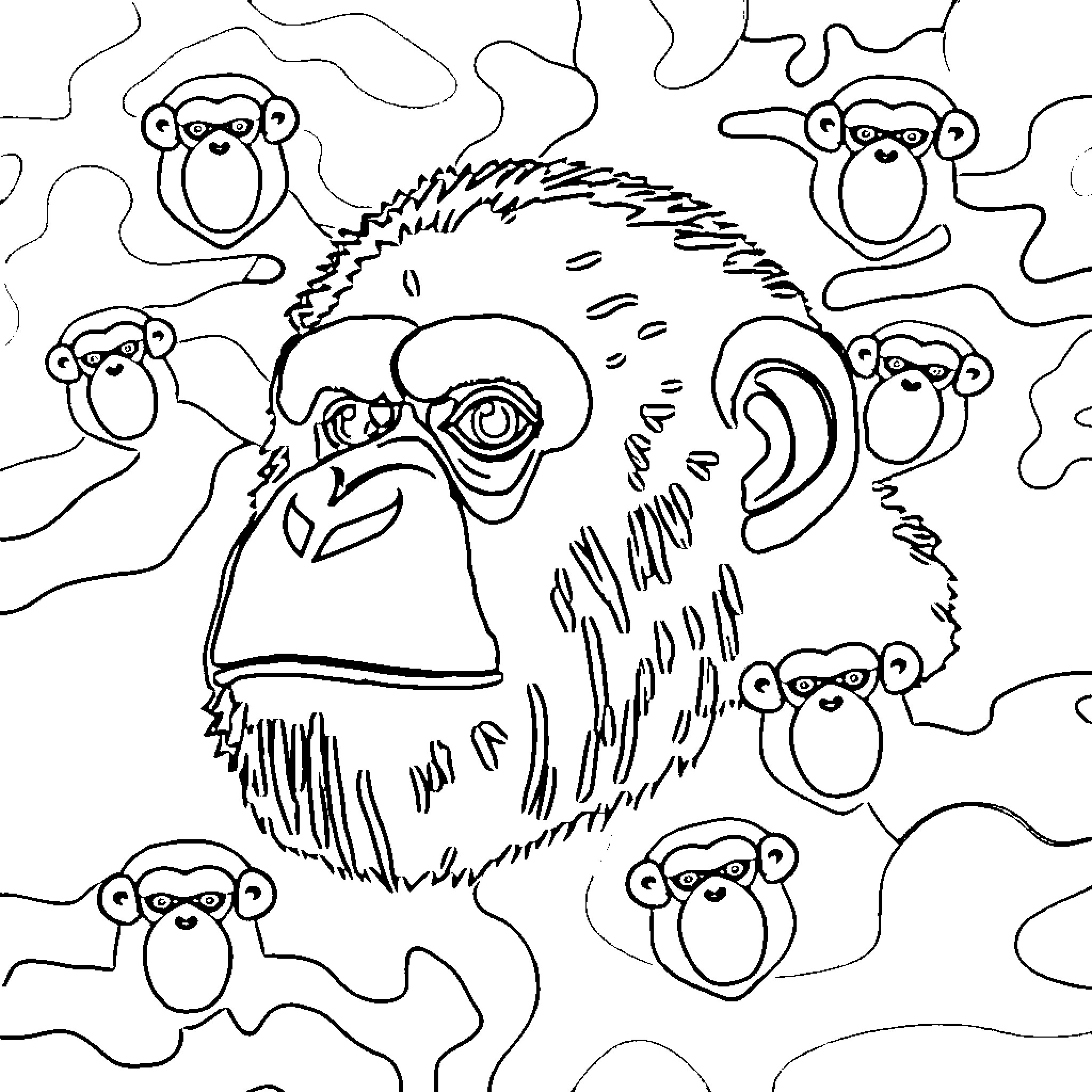 Bape monkeys in abstract artsy monochrome Coloring Page (free black-and-white line drawing printable PDF for all, from beginners to advanced learners, including children, teens, adults, and seniors)