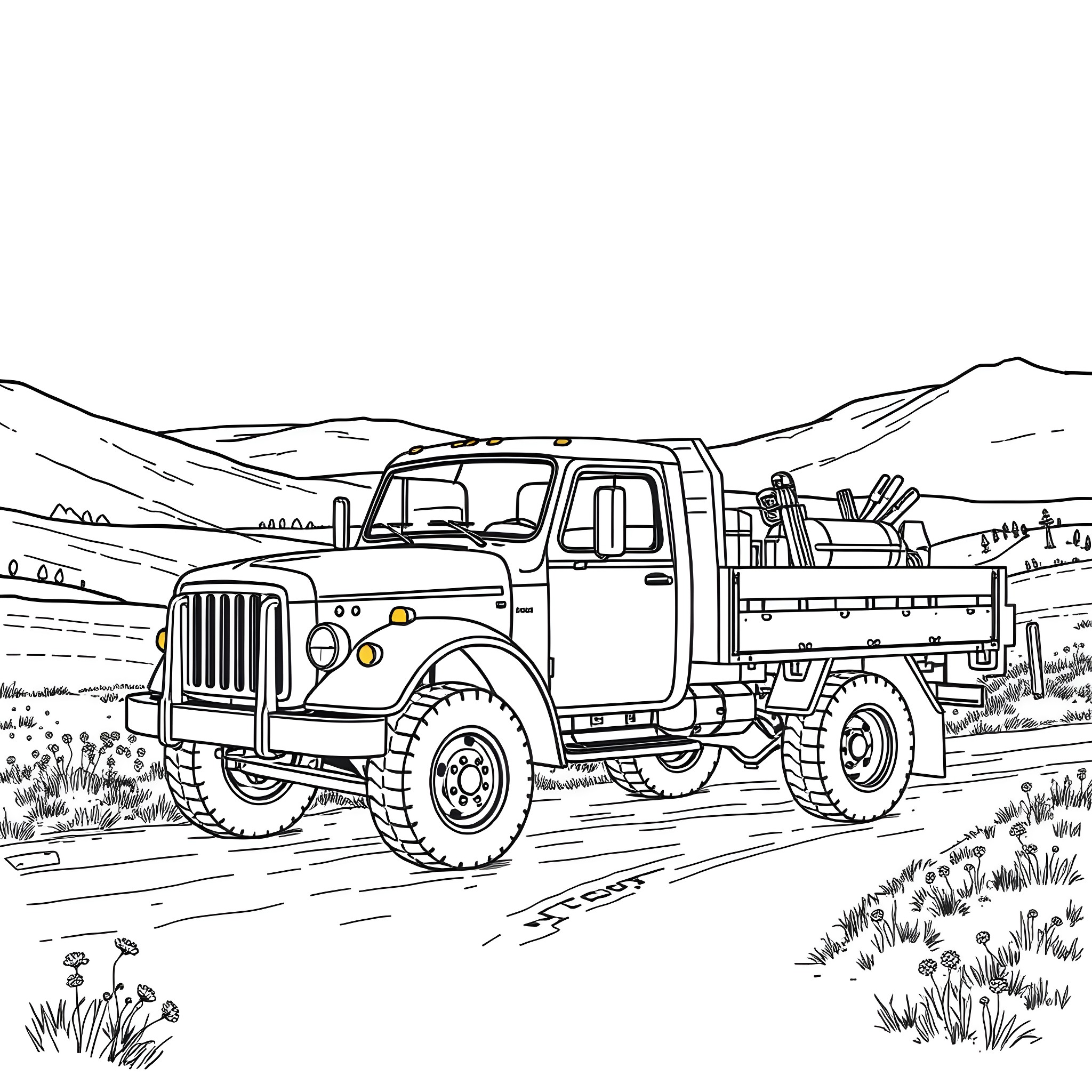 Flatbed truck carrying construction equipment in the countryside Coloring Page (free black-and-white line drawing printable PDF for all, from beginners to advanced learners, including children, teens, adults, and seniors)