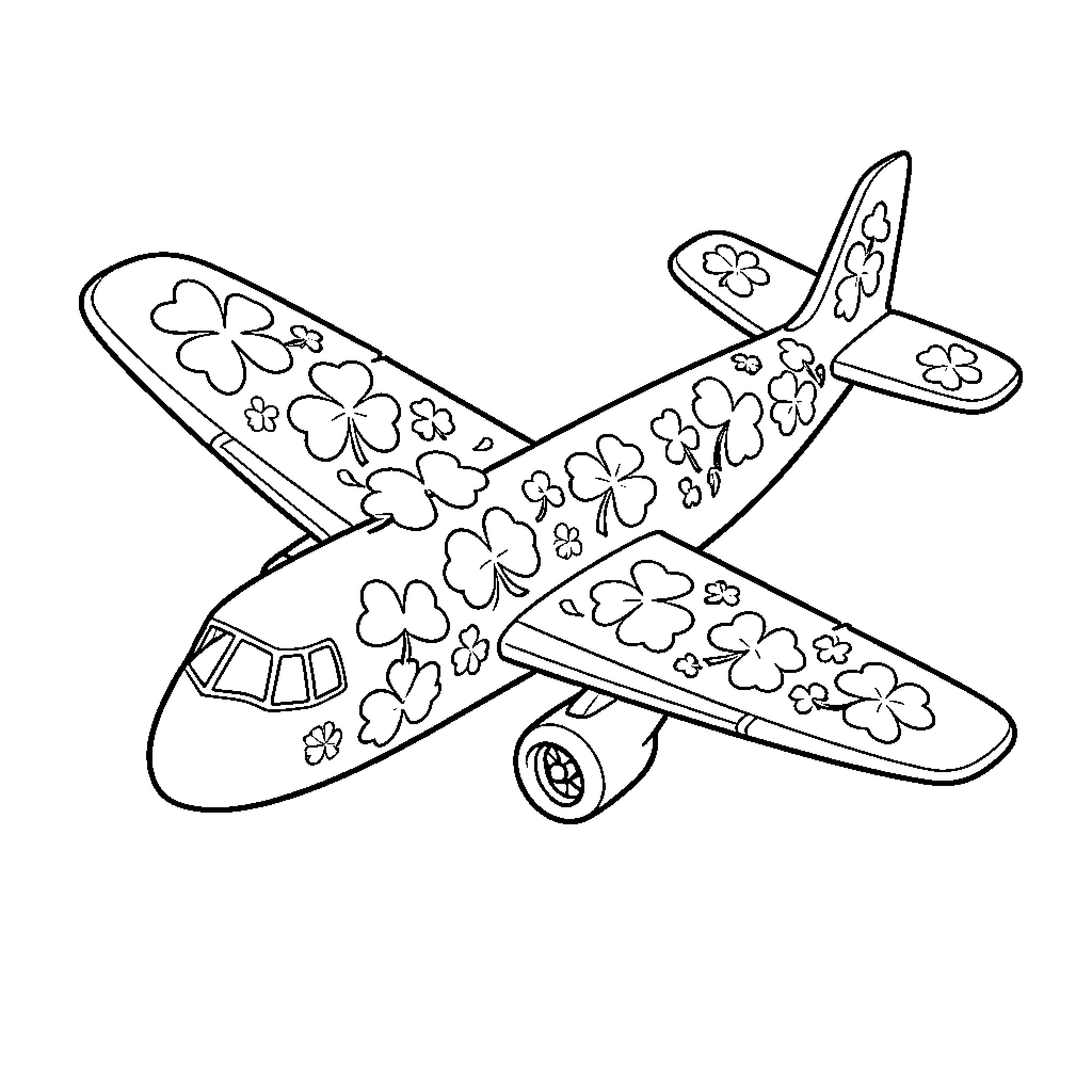 Airplane with Floral Designs Coloring Page (free black-and-white line drawing printable PDF for all, from beginners to advanced learners, including children, teens, adults, and seniors)
