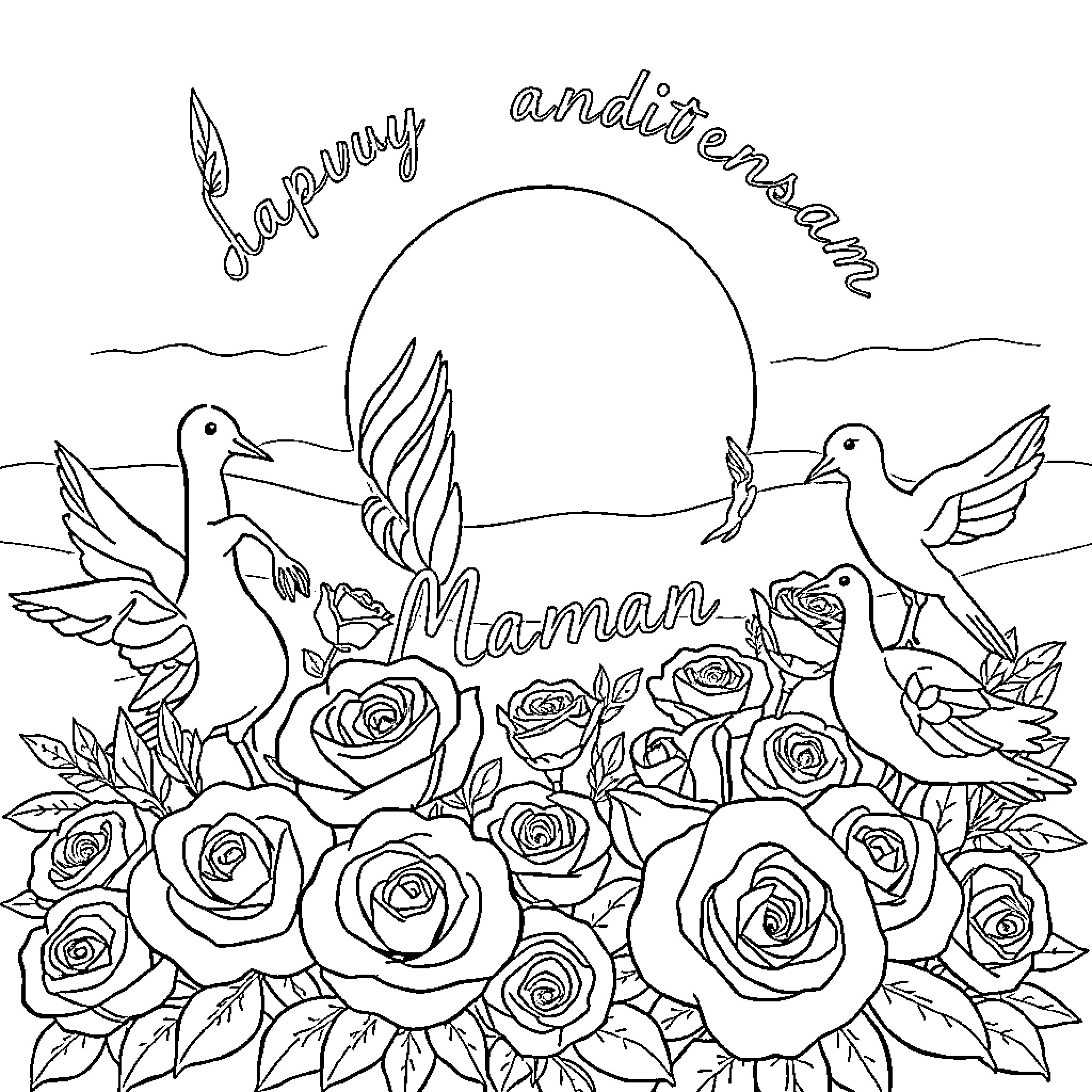 Peonies and doves celebrating Mother's Day Coloring Page (free black-and-white line drawing printable PDF for all, from beginners to advanced learners, including children, teens, adults, and seniors)