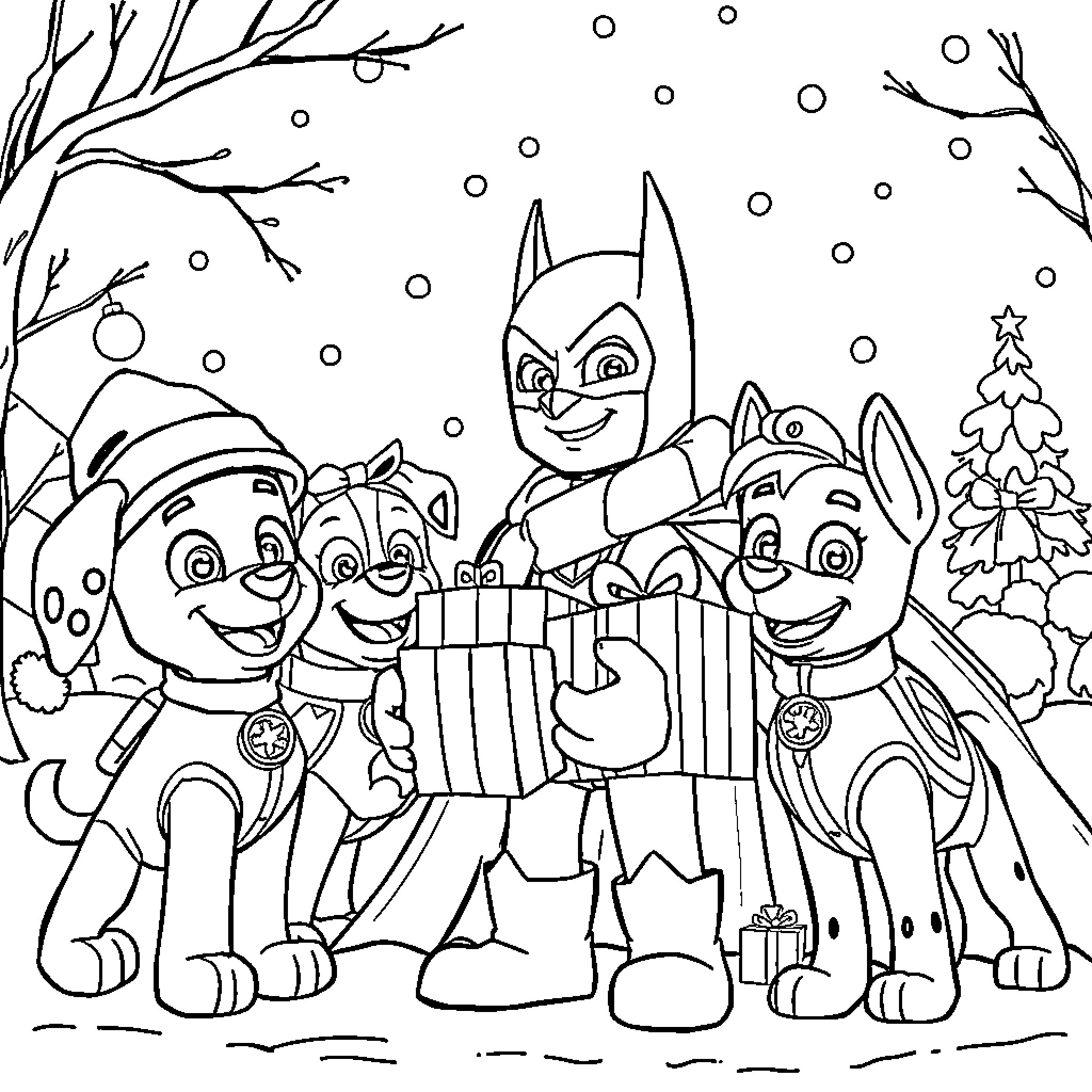 Batman and puppies playing winter harmony Coloring Page (free black-and-white line drawing printable PDF for all, from beginners to advanced learners, including children, teens, adults, and seniors)