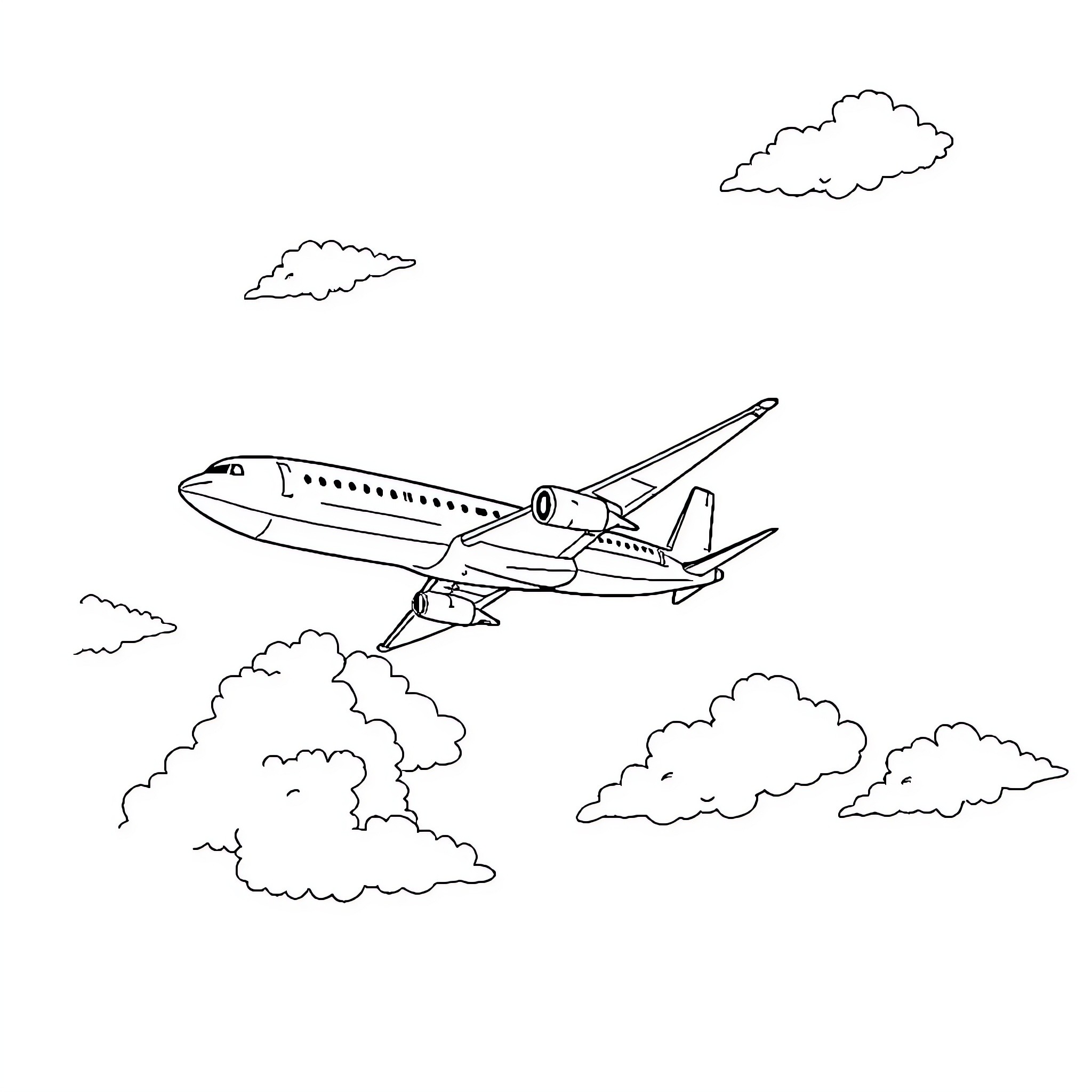 Airplane flying through cloudy skies Coloring Page (free black-and-white line drawing printable PDF for all, from beginners to advanced learners, including children, teens, adults, and seniors)