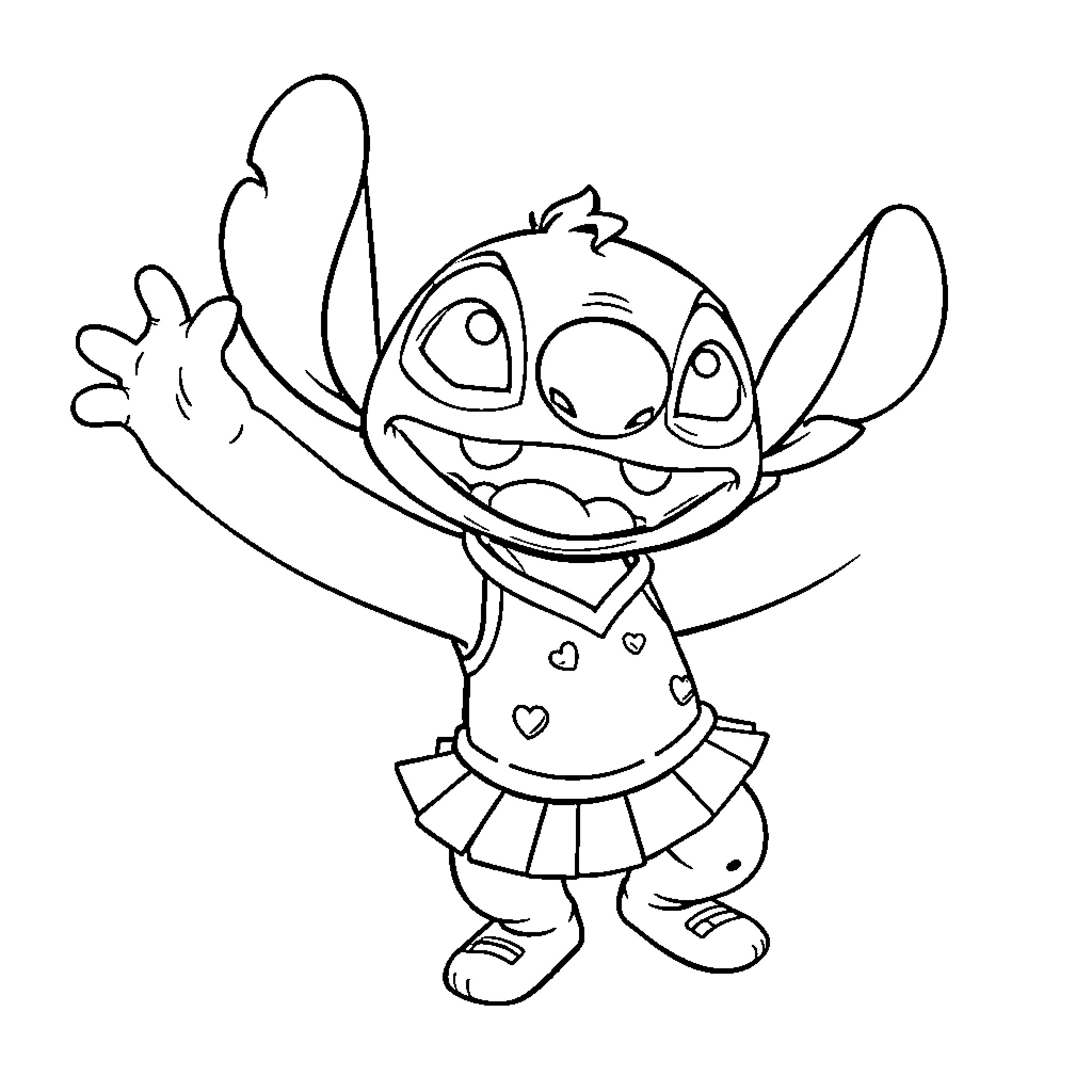 Stitch character in playful pose Coloring Page (free black-and-white line drawing printable PDF for all, from beginners to advanced learners, including children, teens, adults, and seniors)