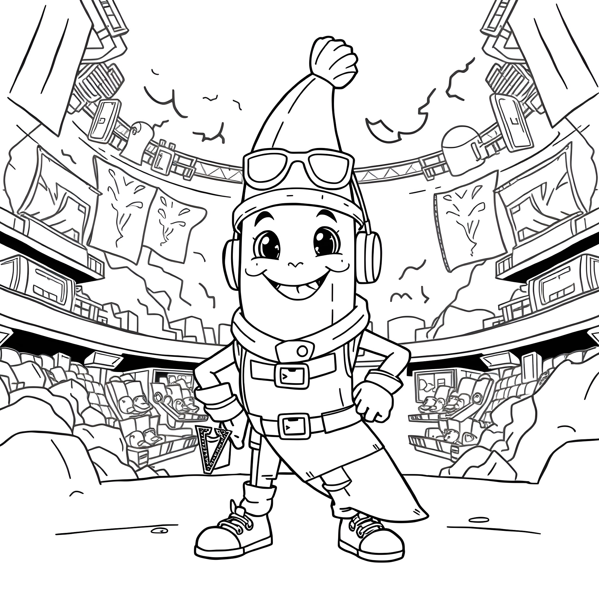 Peely's Exciting Adventure in the City Coloring Page (free black-and-white line drawing printable PDF for all, from beginners to advanced learners, including children, teens, adults, and seniors)