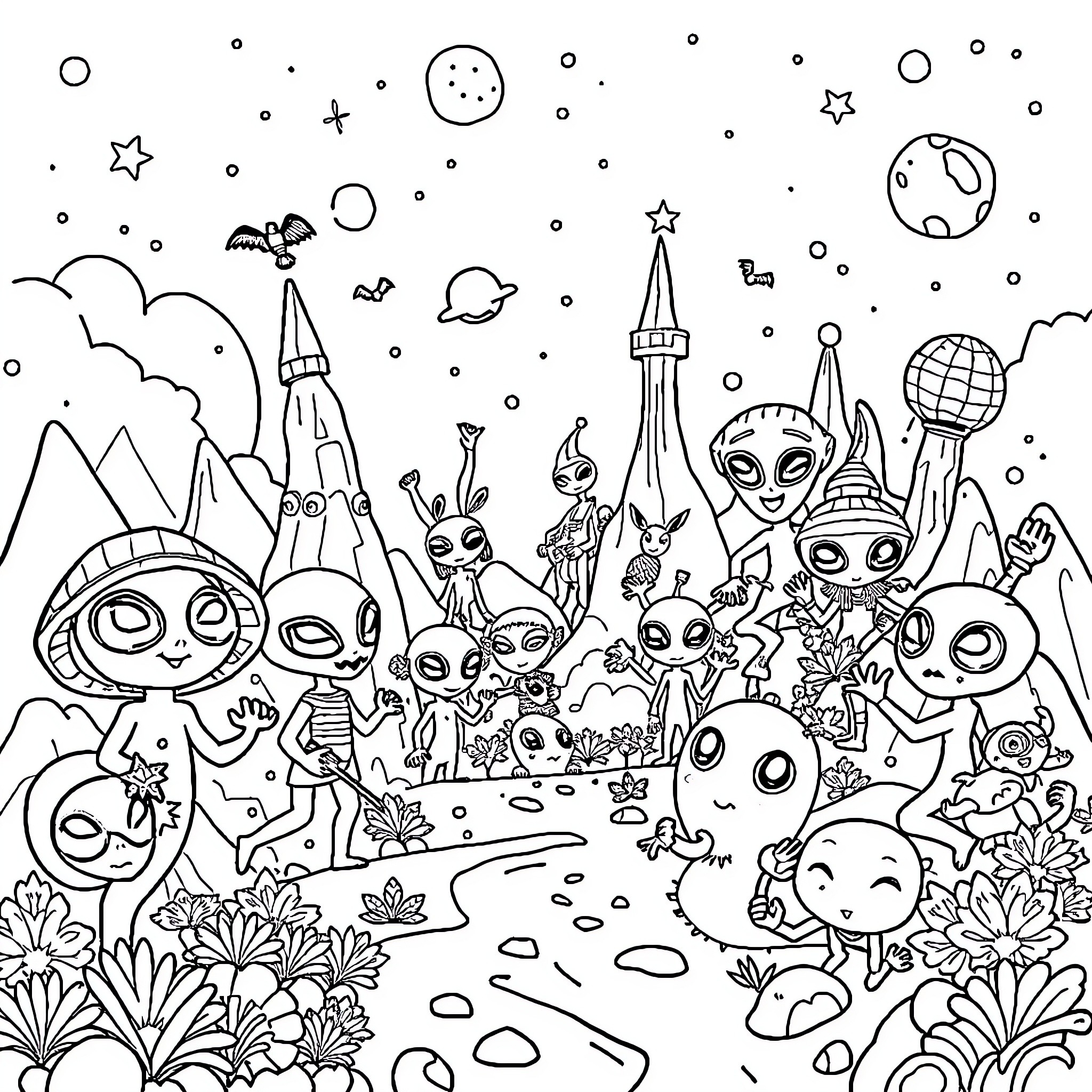 Dandy Alien Gathering in Cosmic Wonderland Coloring Page (free black-and-white line drawing printable PDF for all, from beginners to advanced learners, including children, teens, adults, and seniors)