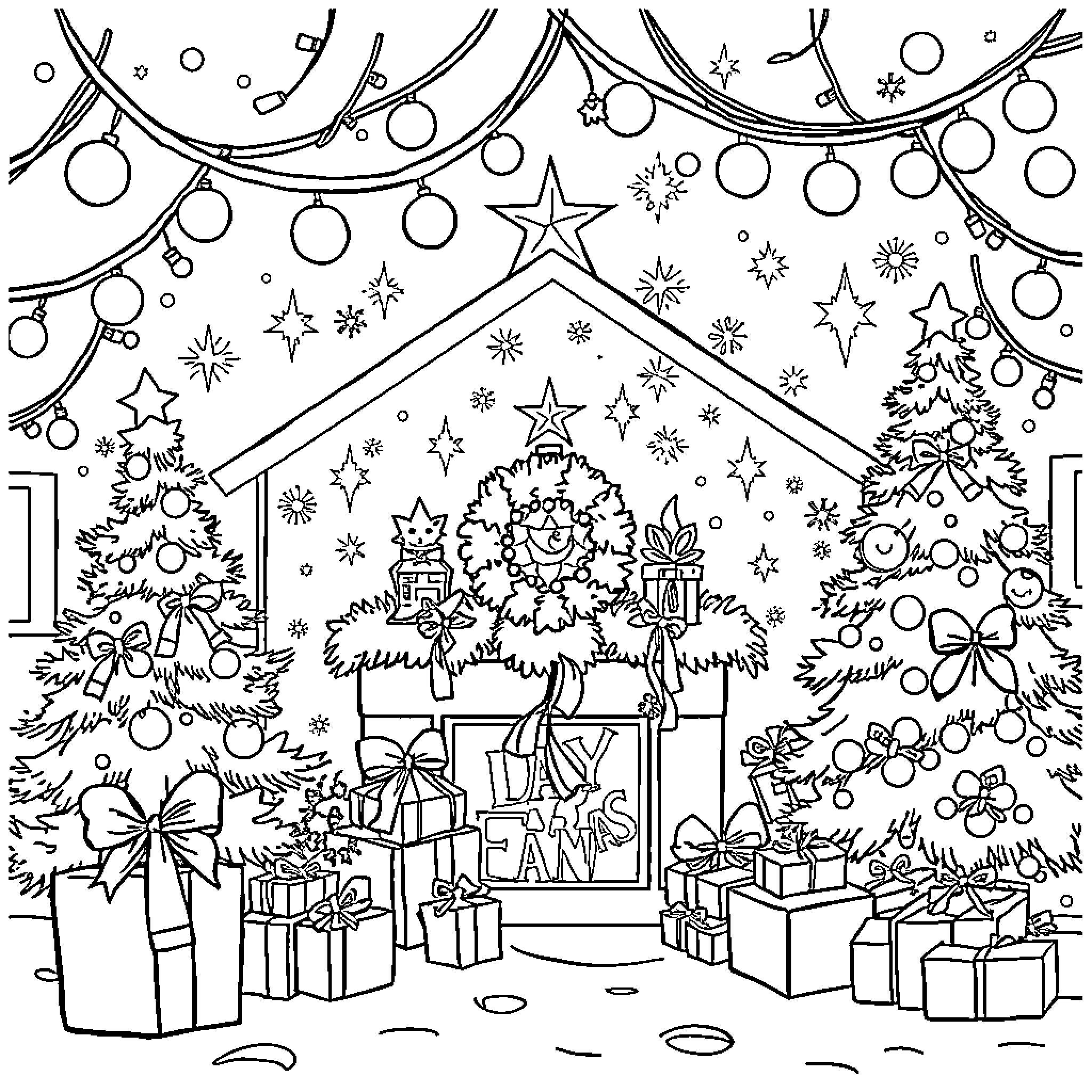 Christmas Scene with Decorated Trees, Presents, and Festive Ornaments Coloring Page (free black-and-white line drawing printable PDF for all, from beginners to advanced learners, including children, teens, adults, and seniors)