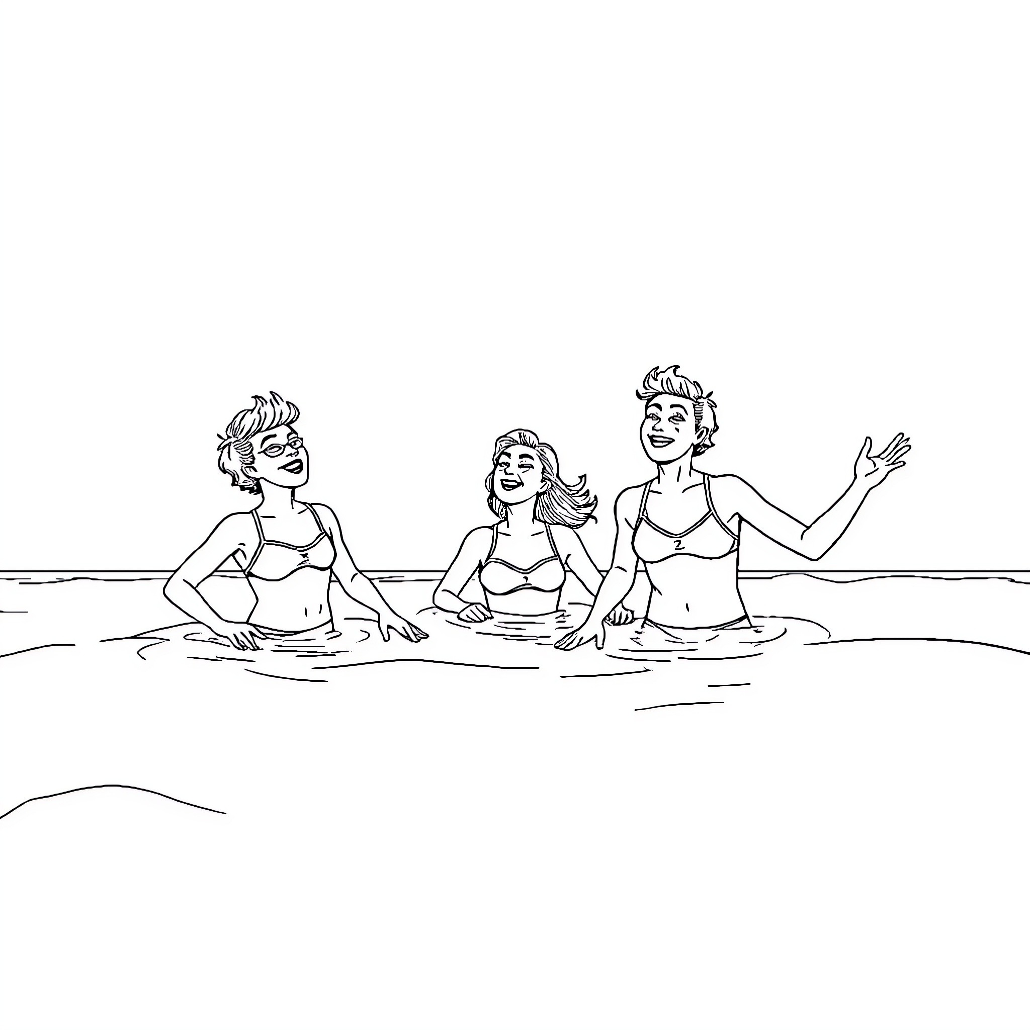 Schoolchildren enjoying a day at the beach Coloring Page (free black-and-white line drawing printable PDF for all, from beginners to advanced learners, including children, teens, adults, and seniors)