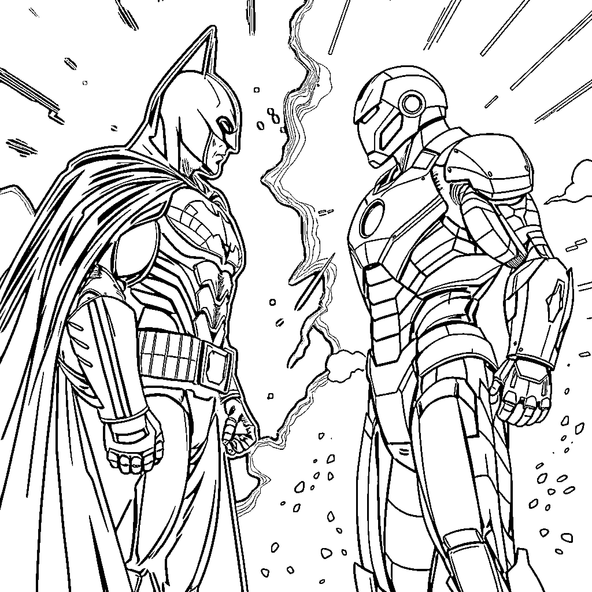 Batman and Iron Man confronting each other Coloring Page (free black-and-white line drawing printable PDF for all, from beginners to advanced learners, including children, teens, adults, and seniors)